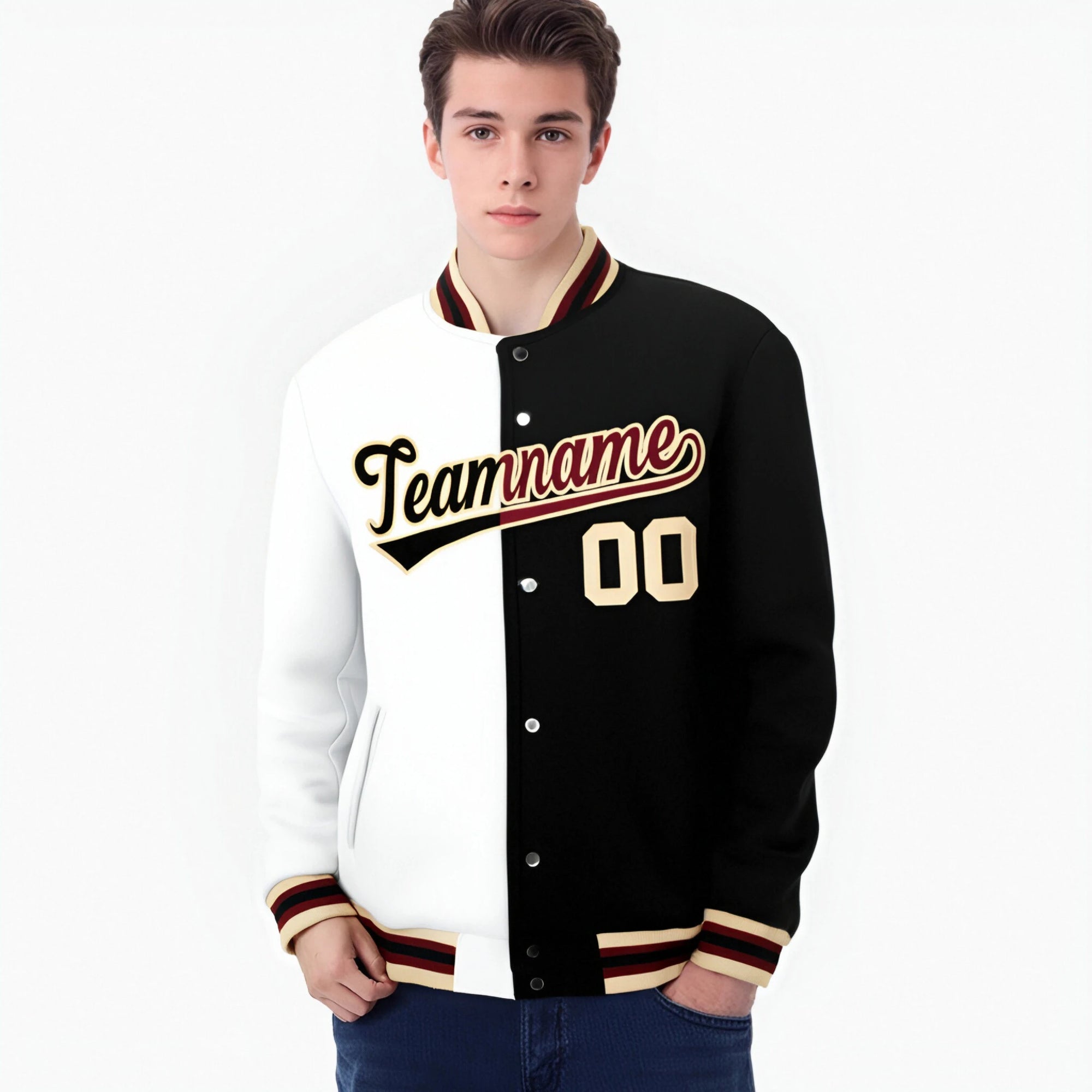 Custom White Black Cream Bomber Full-Snap Varsity Letterman Split Fashion Jacket