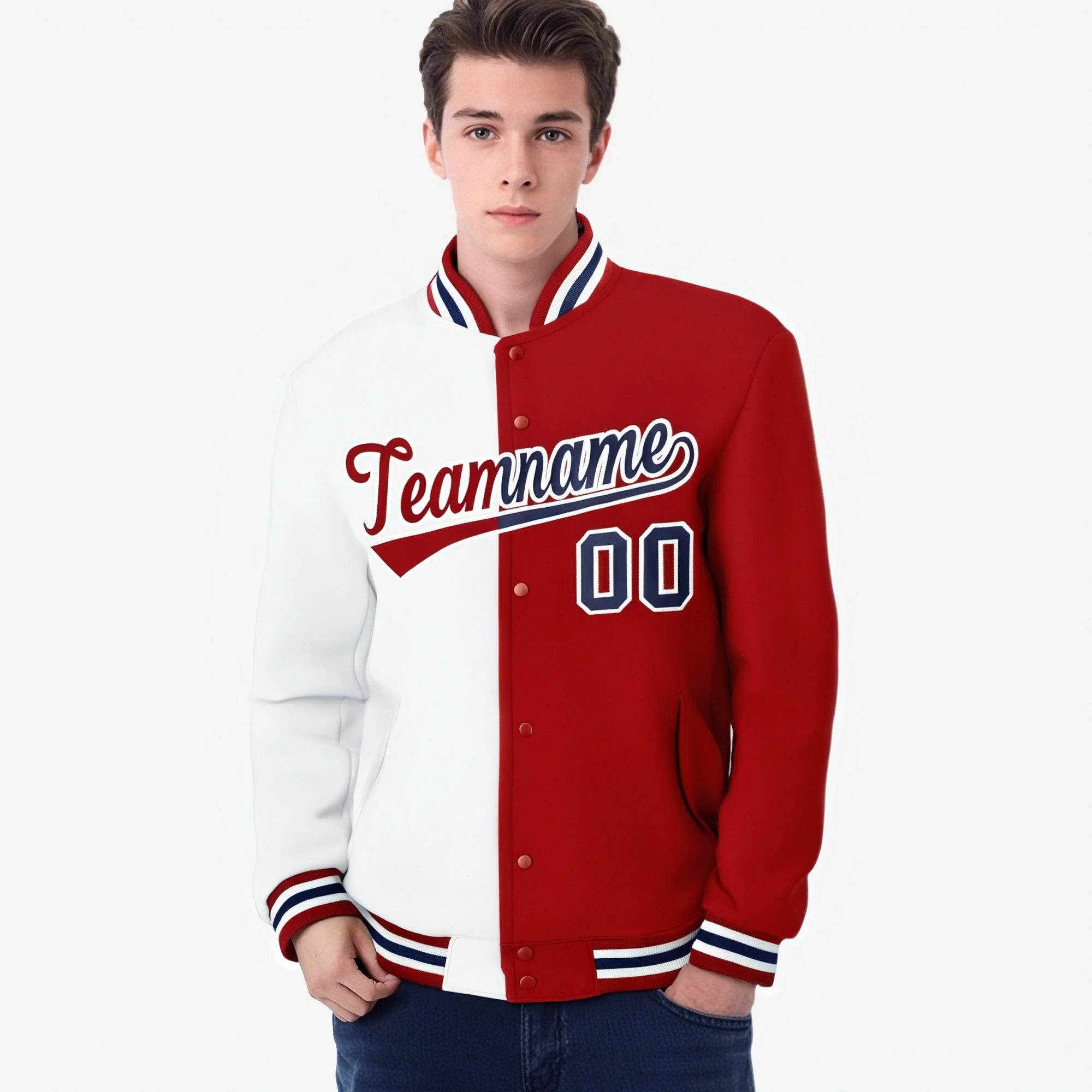 Custom White Red Purple Bomber Full-Snap Varsity Letterman Split Fashion Jacket