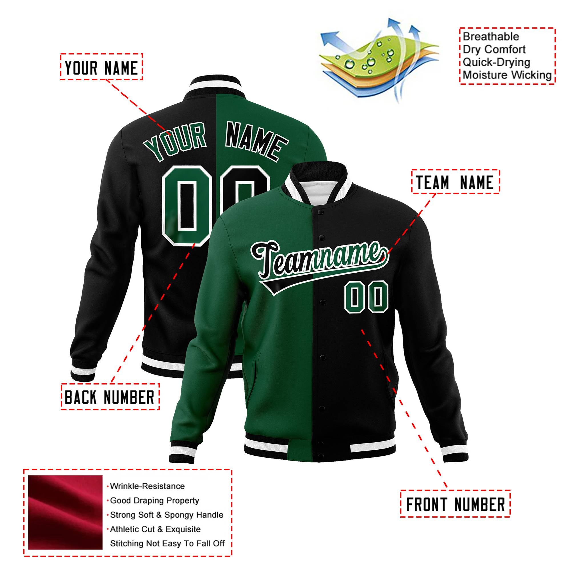 Custom Kelly-Green Black-White Bomber Full-Snap Varsity Letterman Split Fashion Jacket