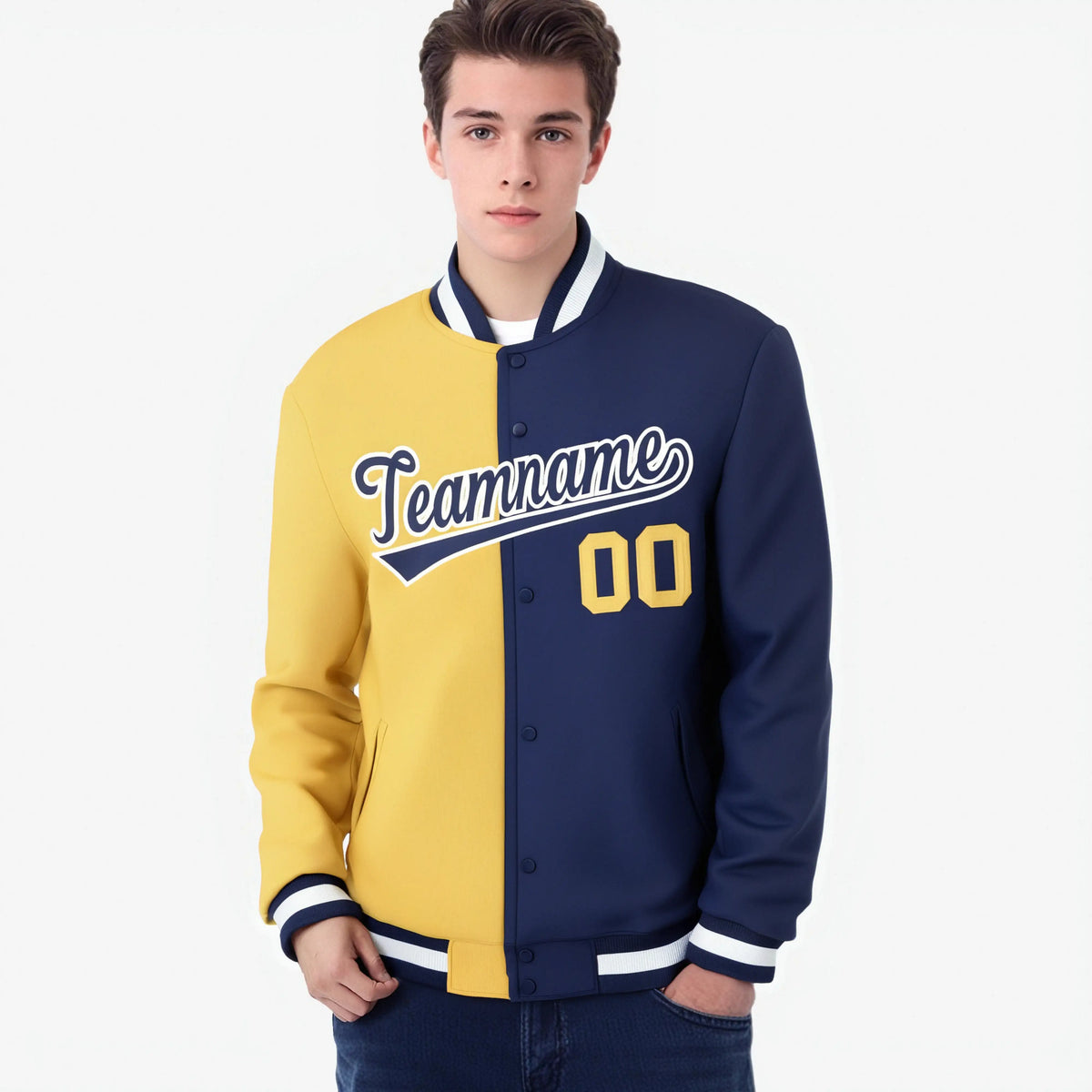 Custom Yellow-Navy White Bomber Full-Snap Varsity Letterman Split Fashion Jacket