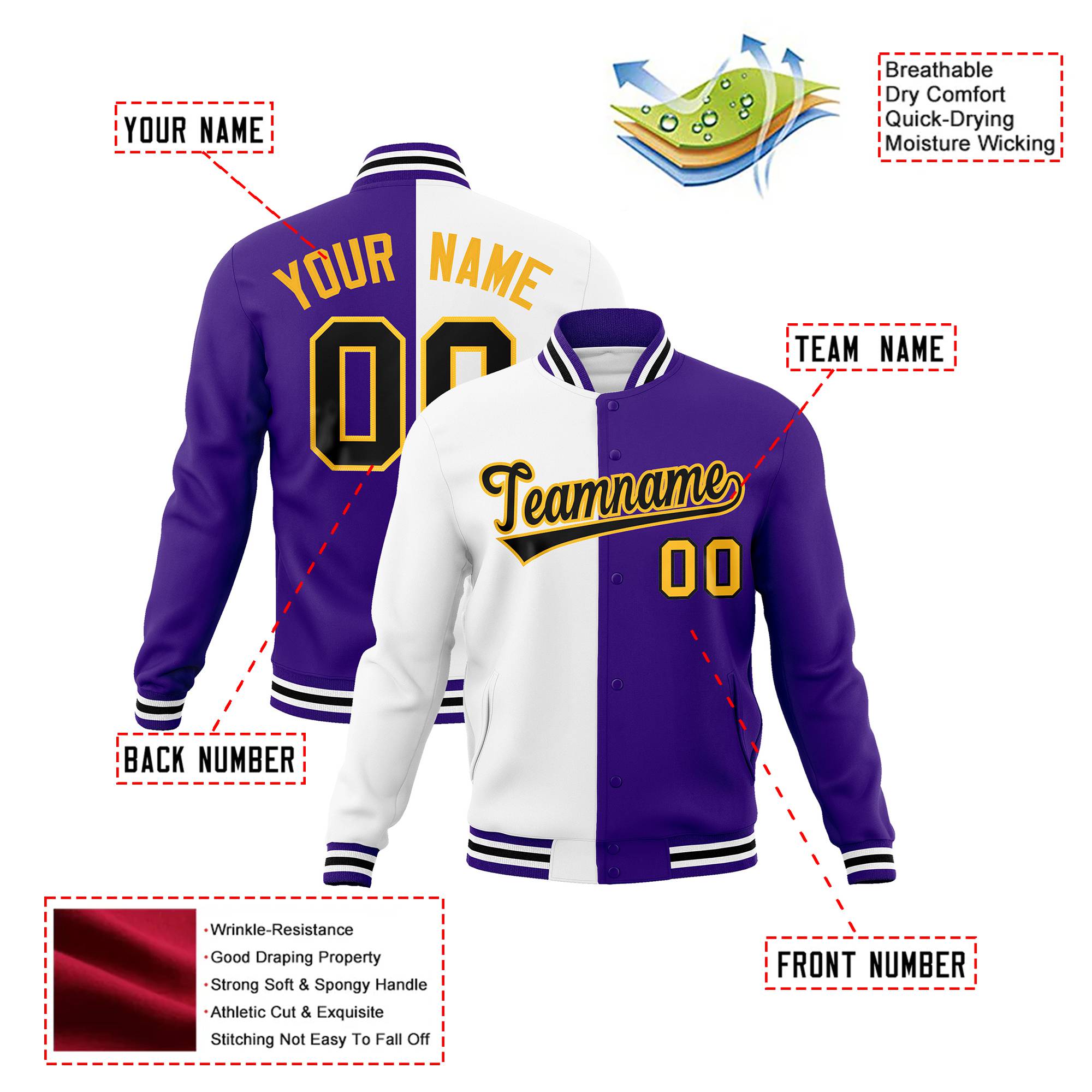 Custom White Yellow Purple Bomber Full-Snap Varsity Letterman Split Fashion Jacket