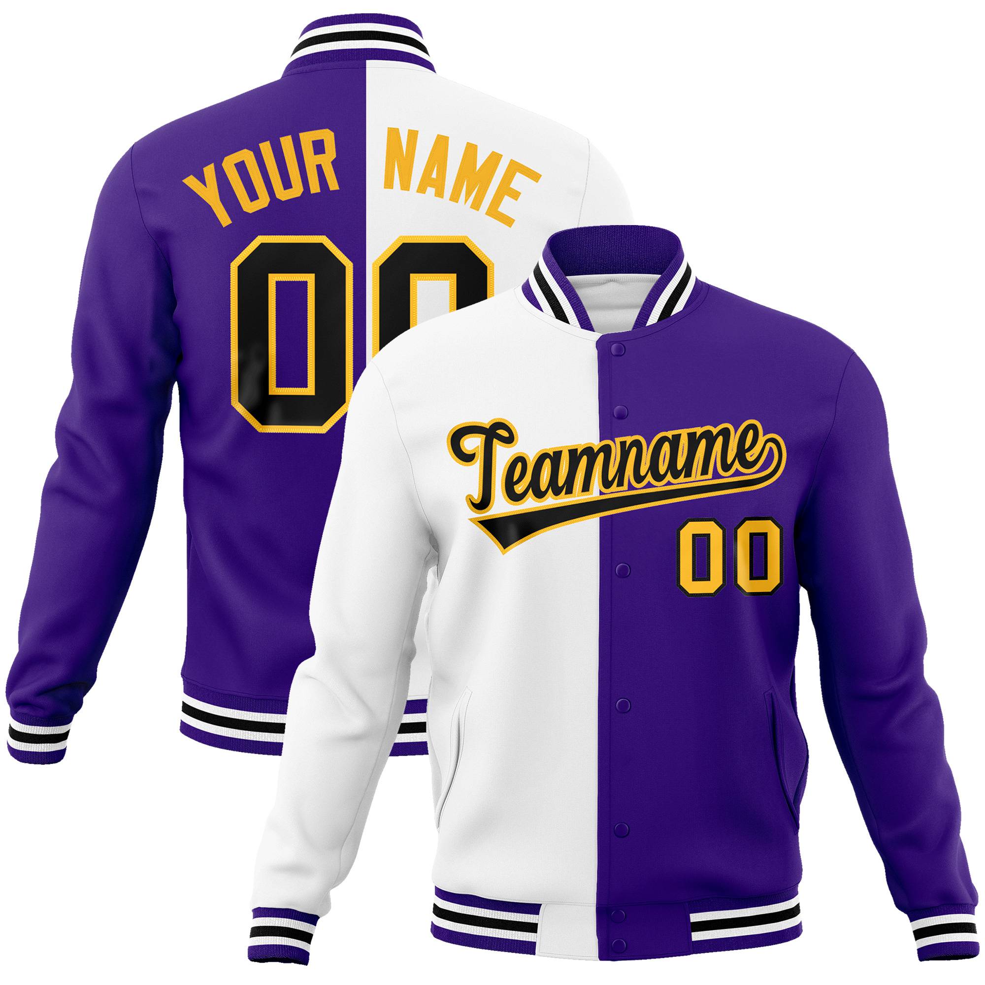 Custom White Yellow Purple Bomber Full-Snap Varsity Letterman Split Fashion Jacket