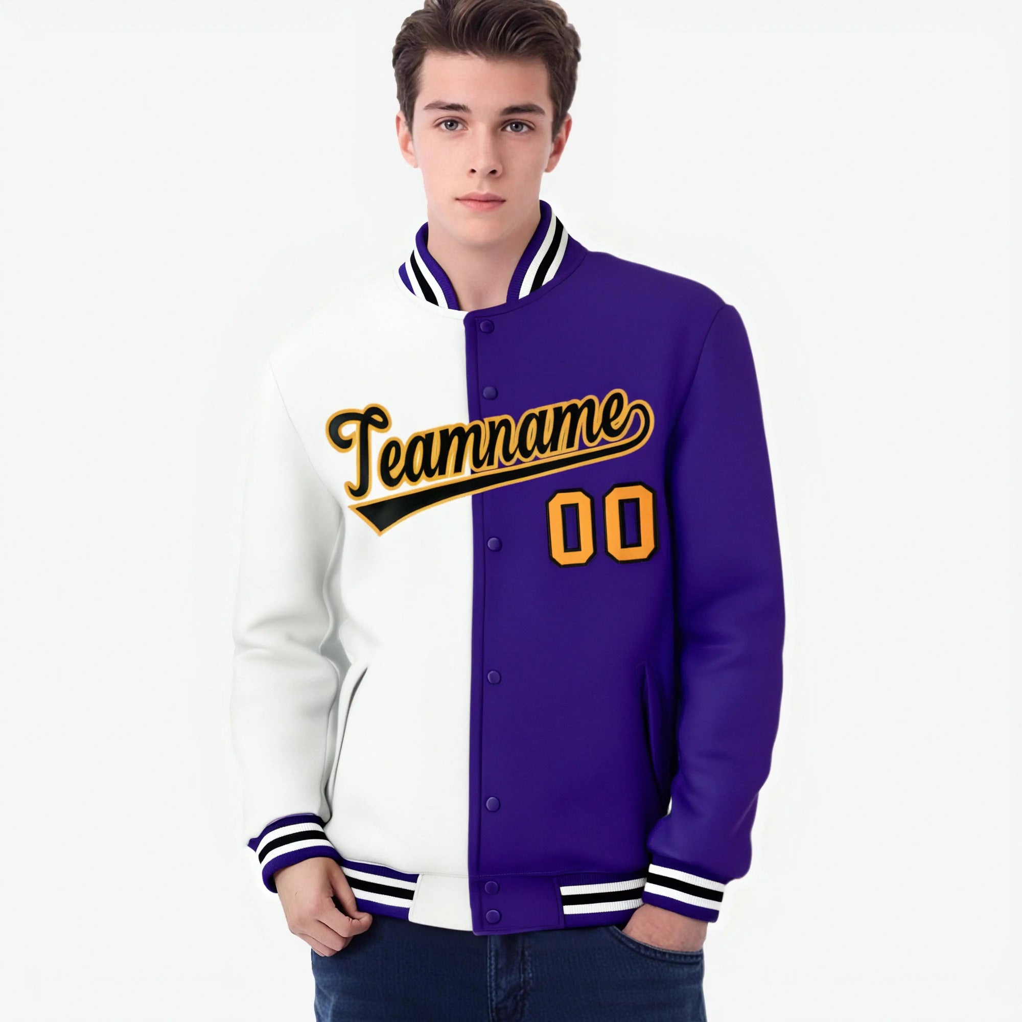 Custom White Yellow Purple Bomber Full-Snap Varsity Letterman Split Fashion Jacket