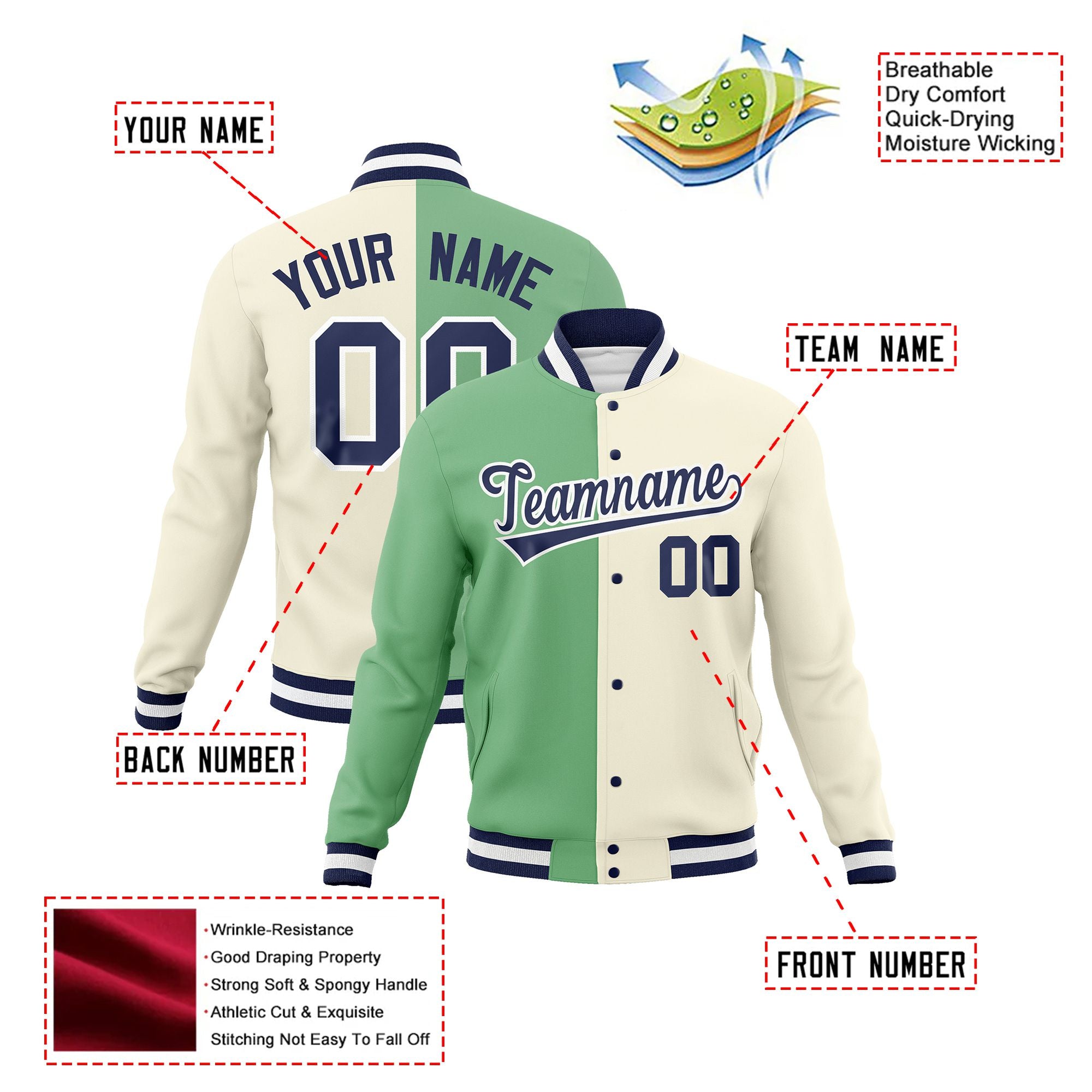 Custom Green Cream Navy Bomber Full-Snap Varsity Letterman Split Fashion Jacket