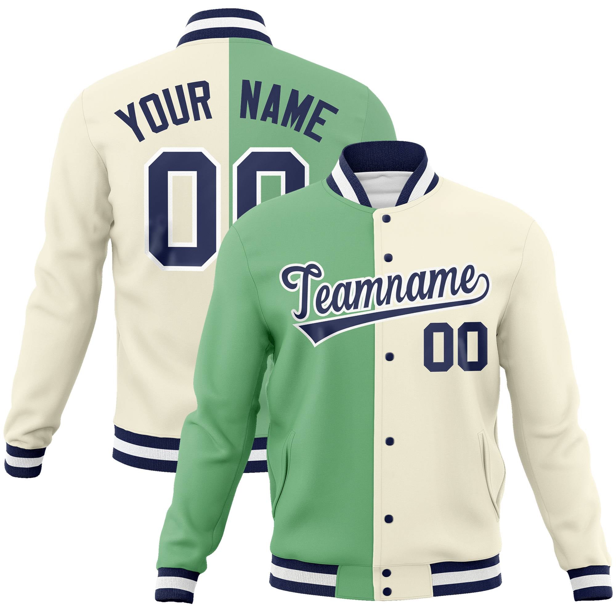 Custom Green Cream Navy Bomber Full-Snap Varsity Letterman Split Fashion Jacket