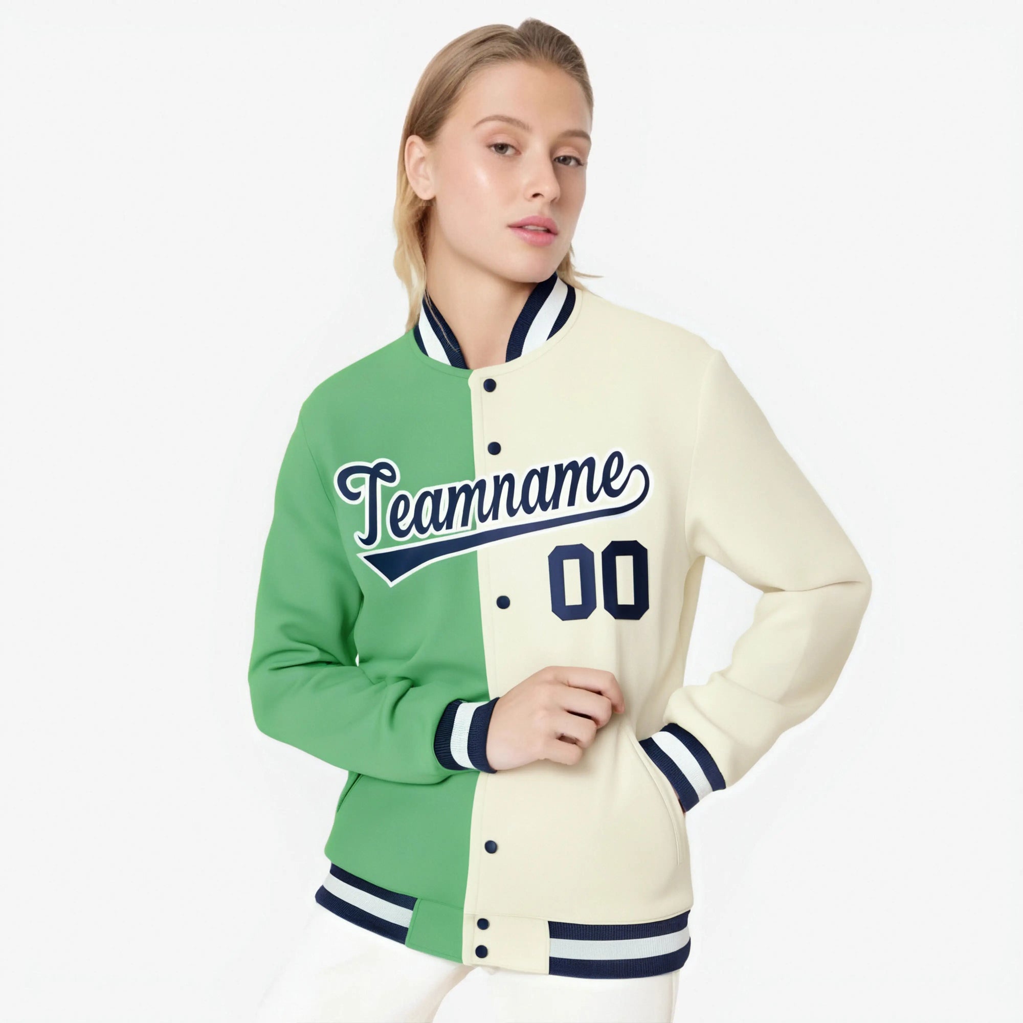 Custom Green Cream Navy Bomber Full-Snap Varsity Letterman Split Fashion Jacket