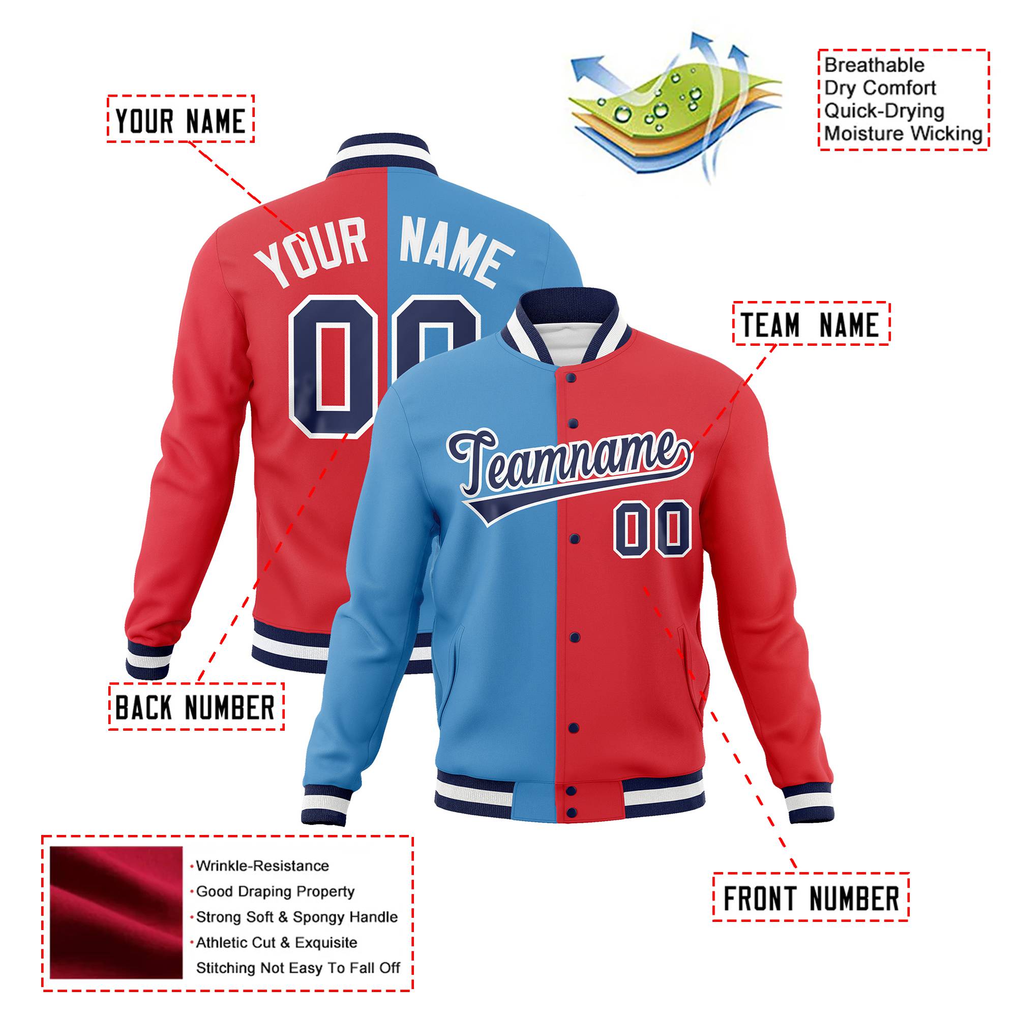 Custom Light-Blue Red Navy Bomber Full-Snap Varsity Letterman Split Fashion Jacket