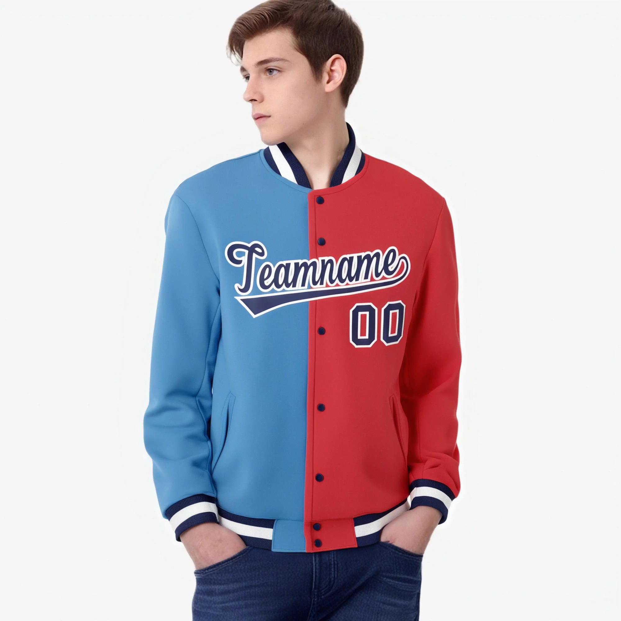 Custom Light-Blue Red Navy Bomber Full-Snap Varsity Letterman Split Fashion Jacket