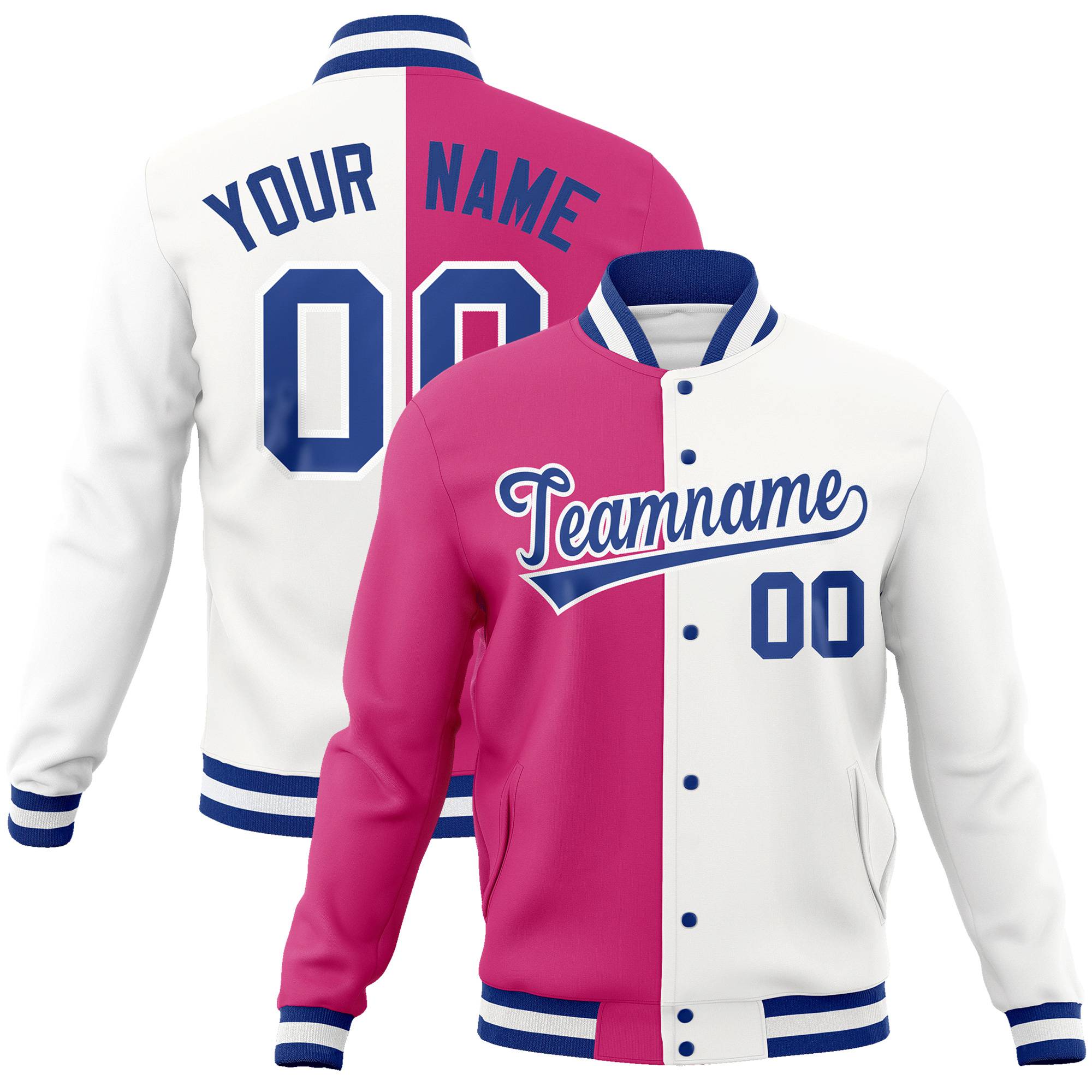 Custom Pink White Navy Bomber Full-Snap Varsity Letterman Split Fashion Jacket