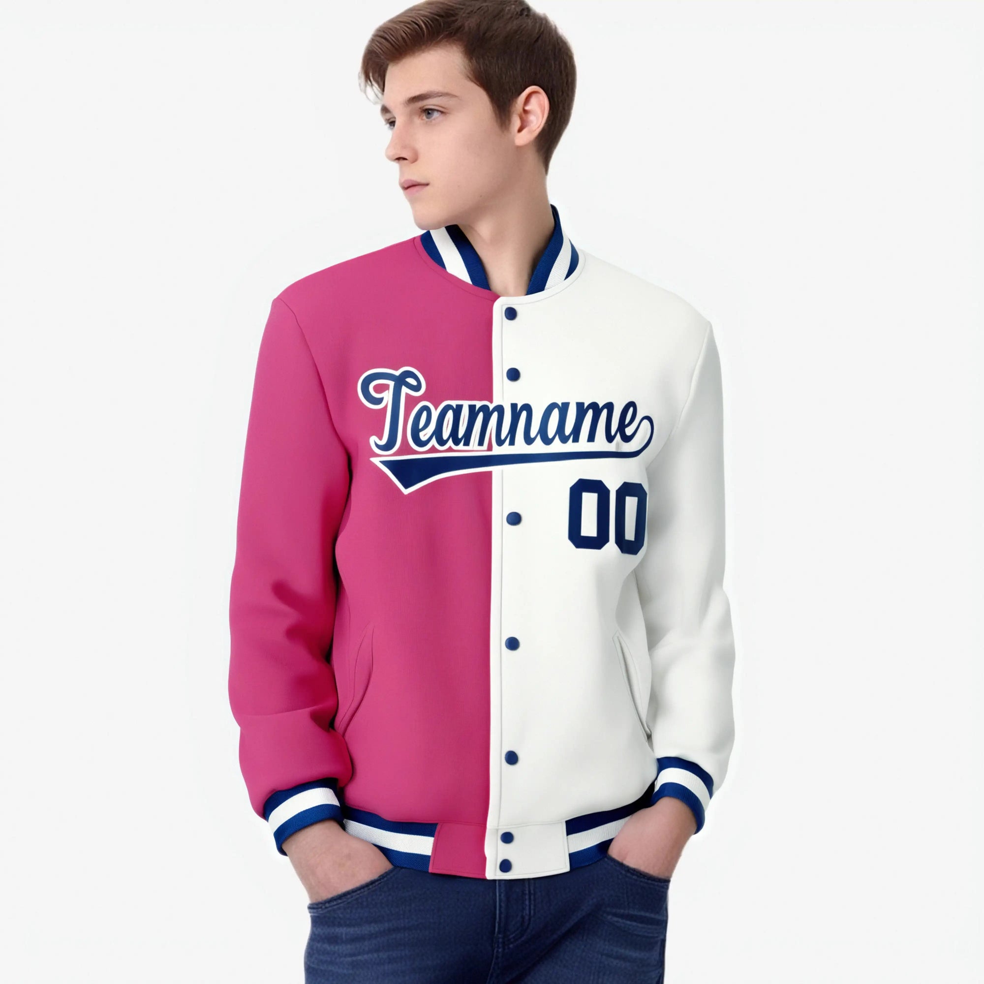 Custom Pink White Navy Bomber Full-Snap Varsity Letterman Split Fashion Jacket