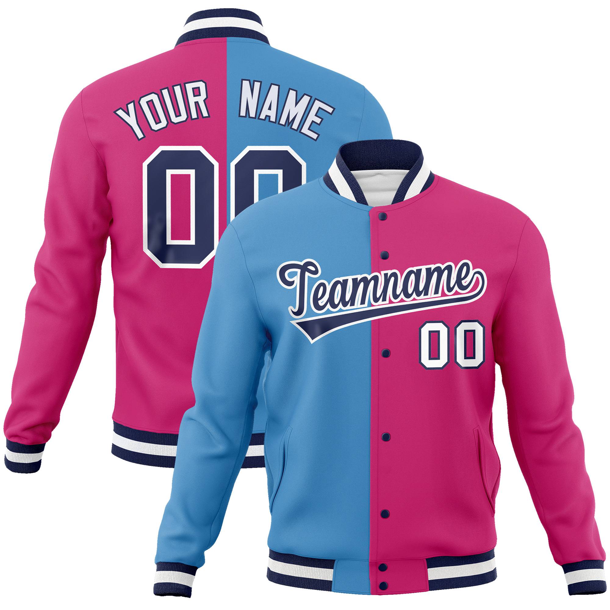 Custom Light-Blue Pink Navy Bomber Full-Snap Varsity Letterman Split Fashion Jacket