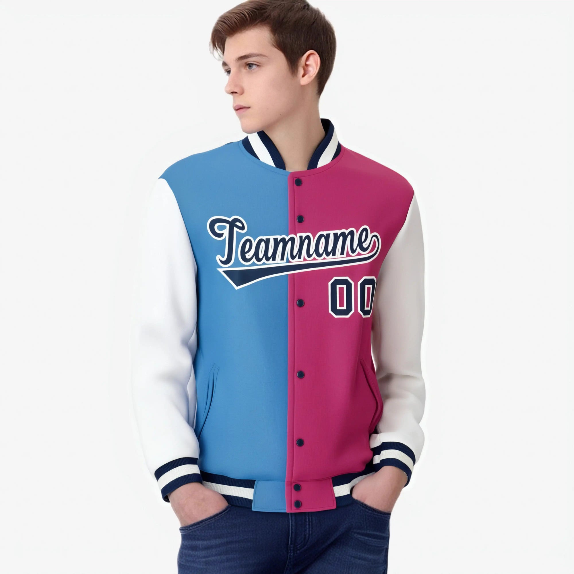 Custom Light-Blue Pink Navy-White Bomber Full-Snap Varsity Letterman Split Fashion Jacket