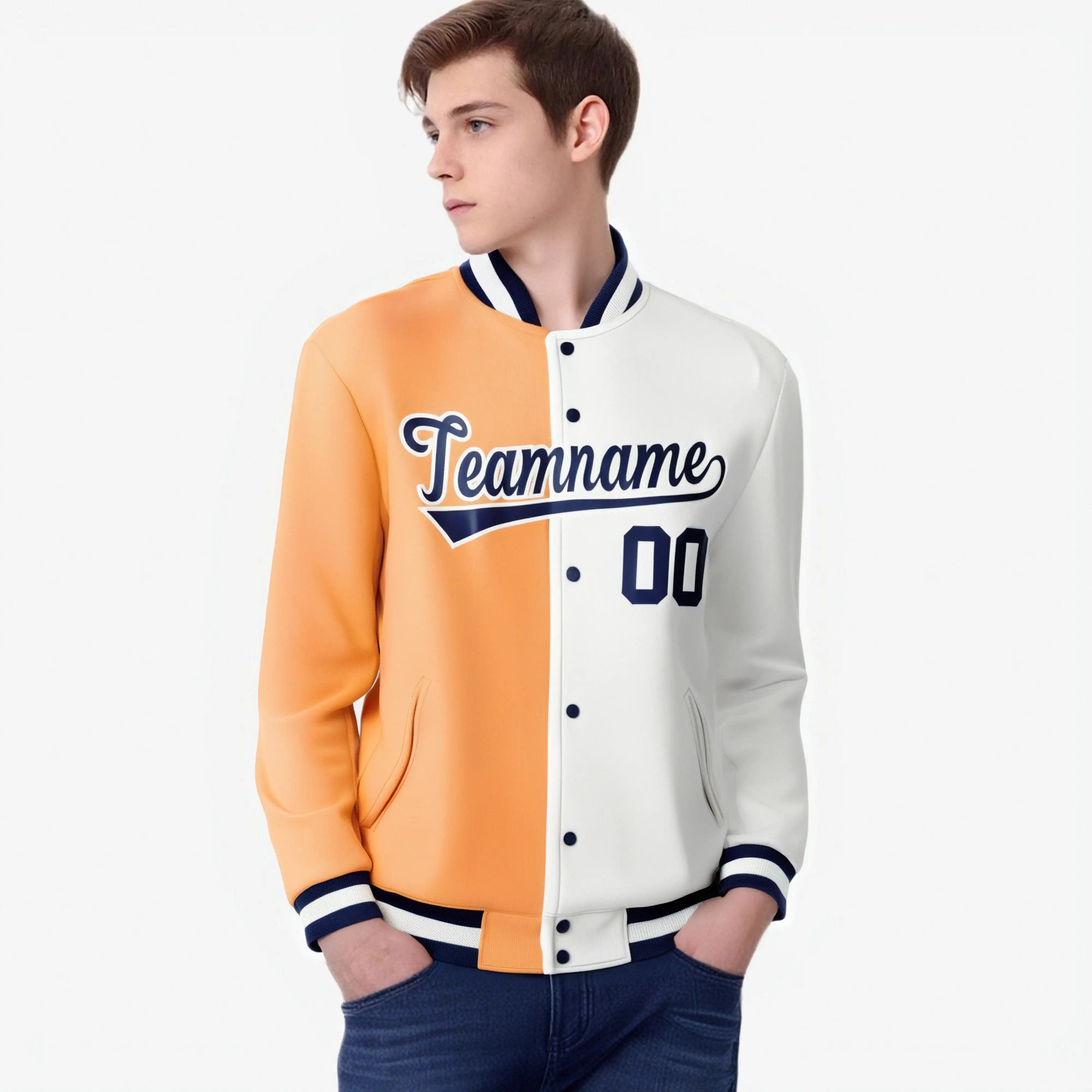 Custom Pink White Navy Bomber Full-Snap Varsity Letterman Split Fashion Jacket