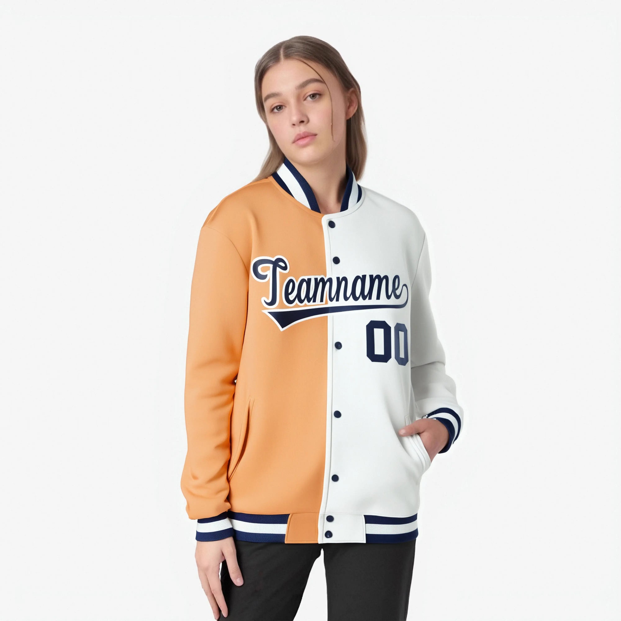 Custom Pink White Navy Bomber Full-Snap Varsity Letterman Split Fashion Jacket