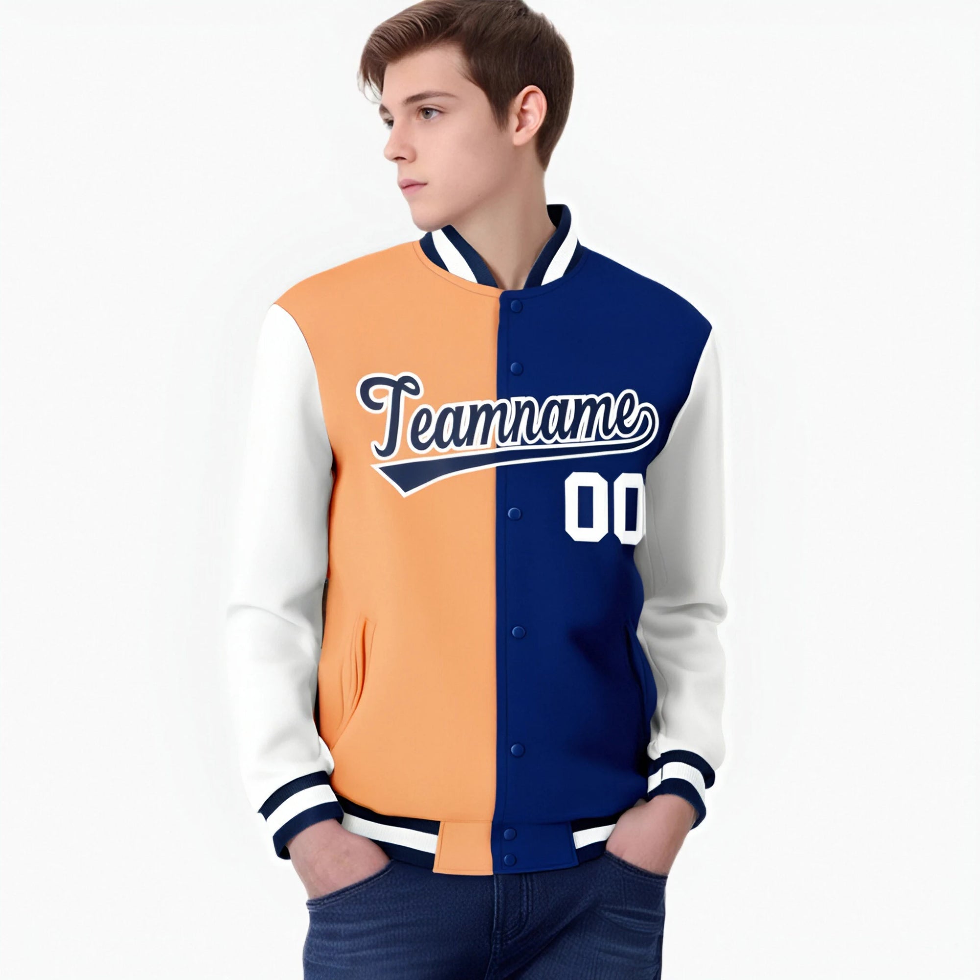 Custom Orange Purple White Bomber Full-Snap Varsity Letterman Split Fashion Jacket