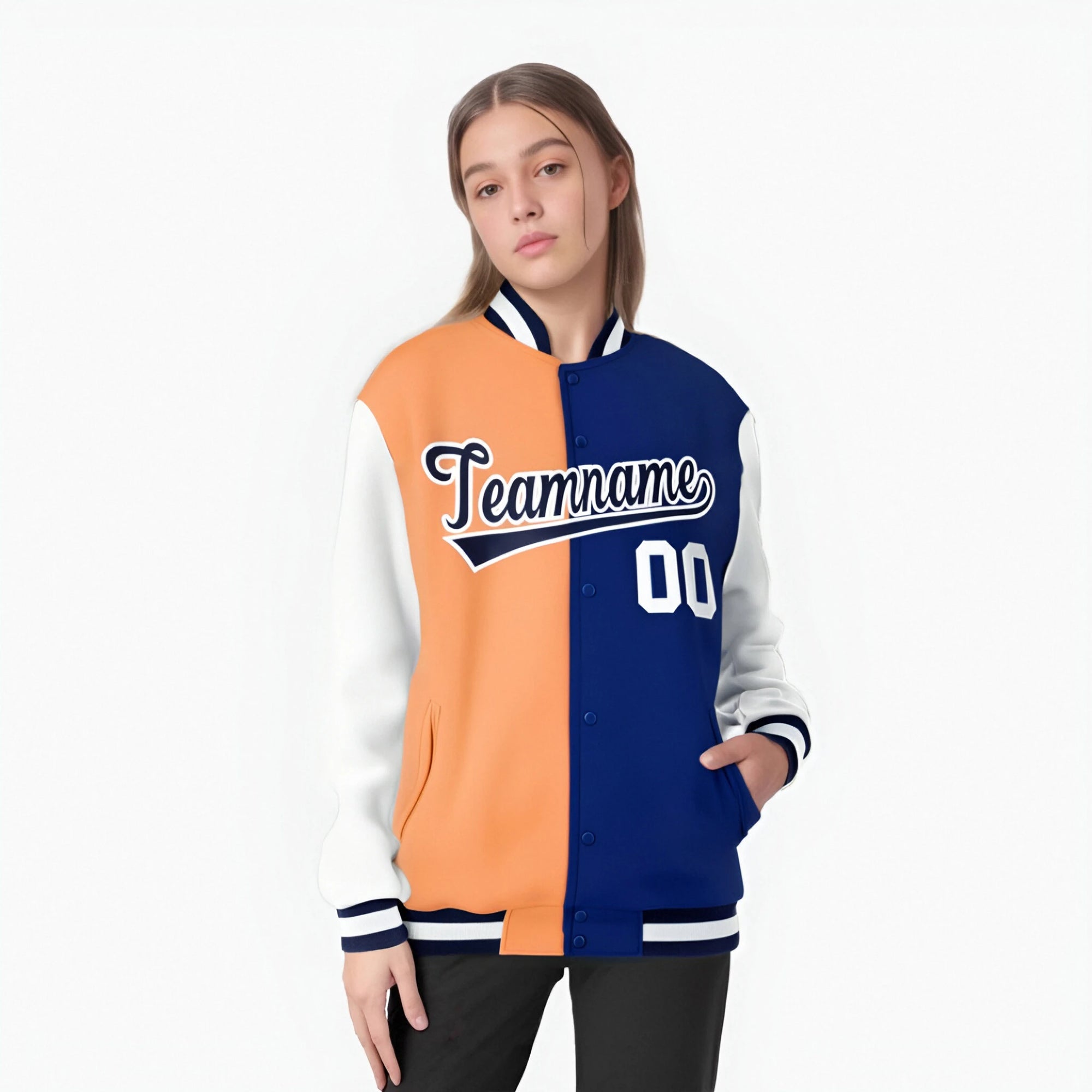 Custom Orange Purple White Bomber Full-Snap Varsity Letterman Split Fashion Jacket