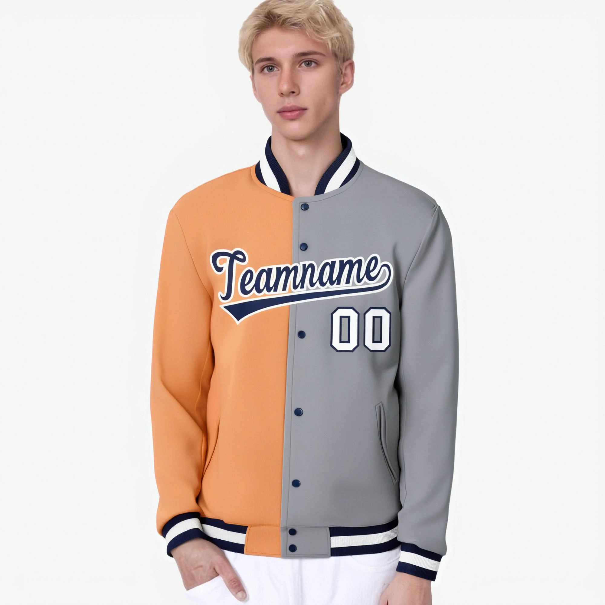 Custom Orange Gray White Bomber Full-Snap Varsity Letterman Split Fashion Jacket