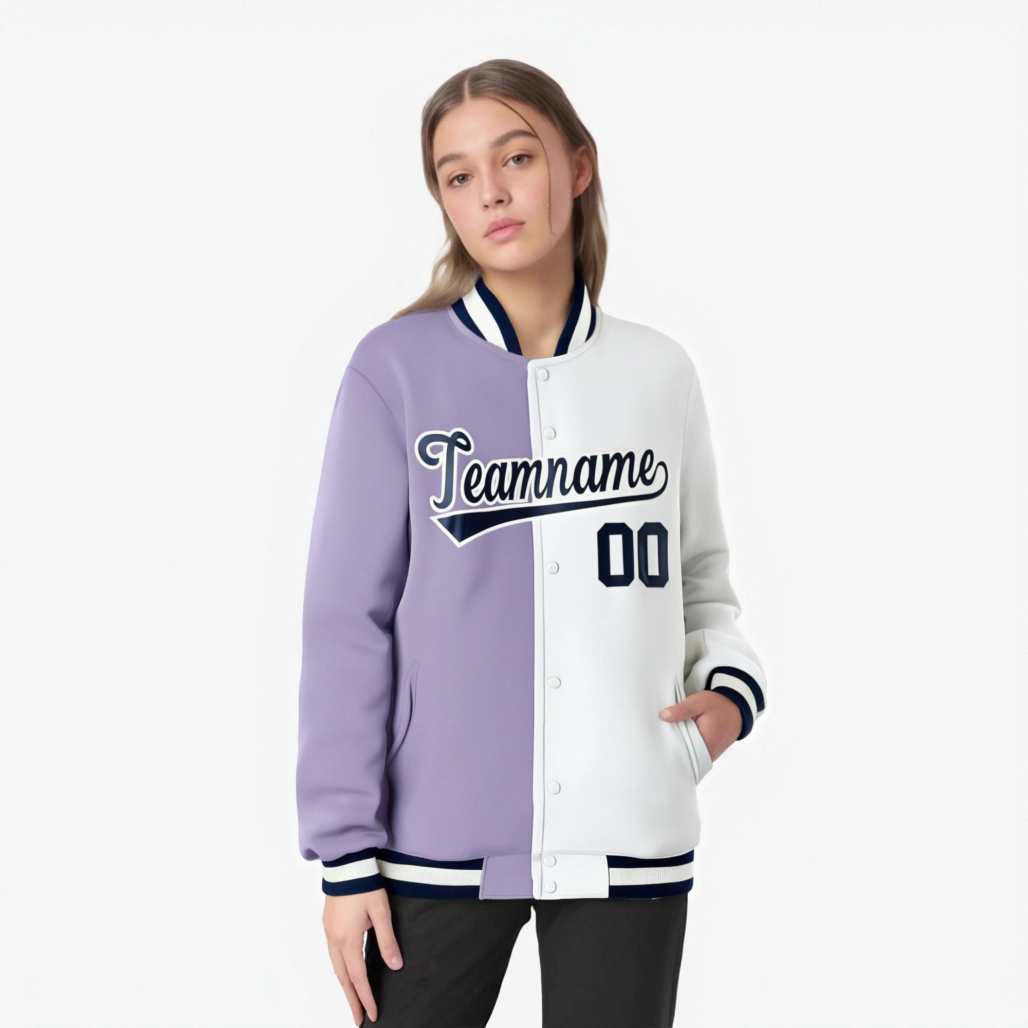 Custom Light-Purple White Bomber Full-Snap Varsity Letterman Split Fashion Jacket