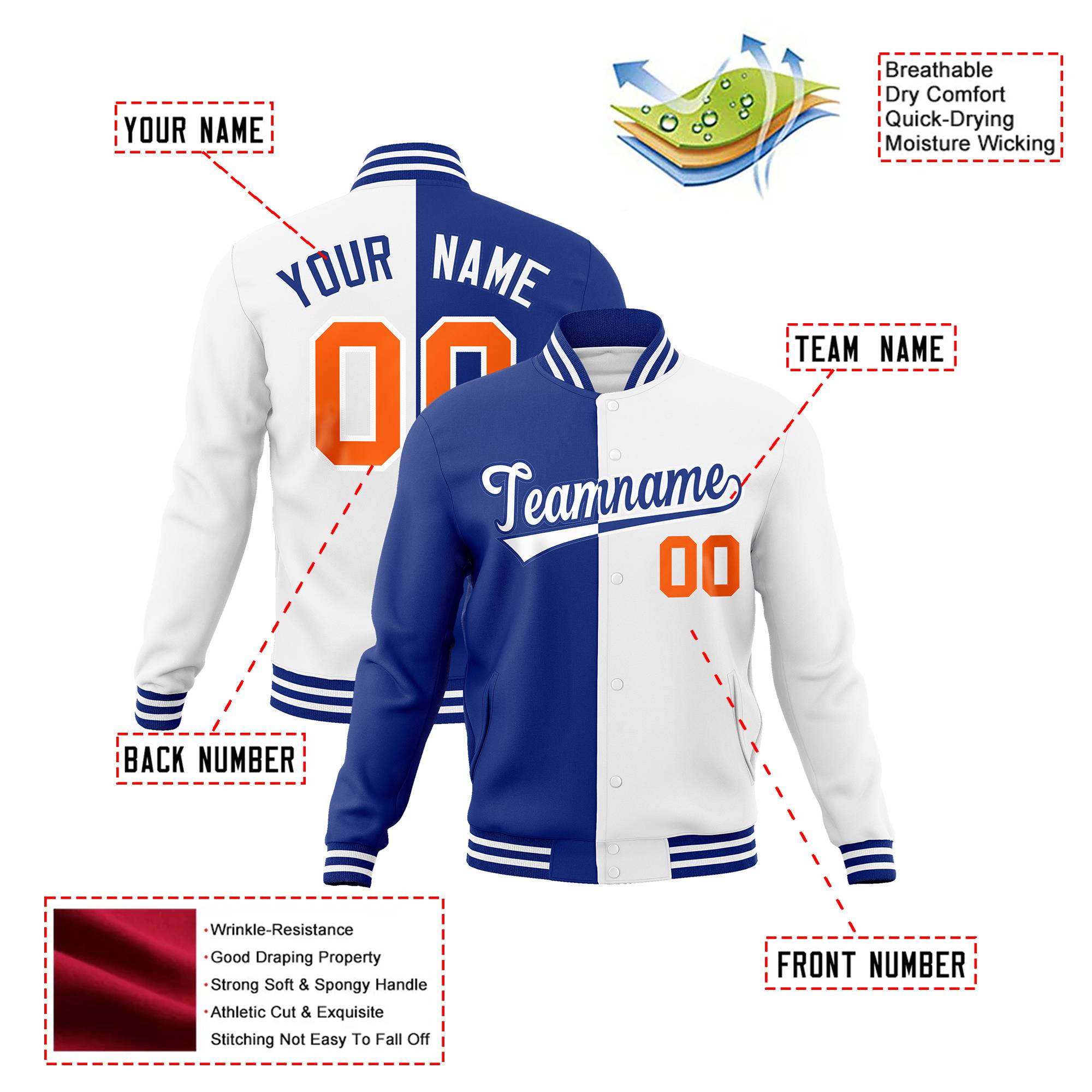 Custom Thunder-Blue Orange White Bomber Full-Snap Varsity Letterman Split Fashion Jacket