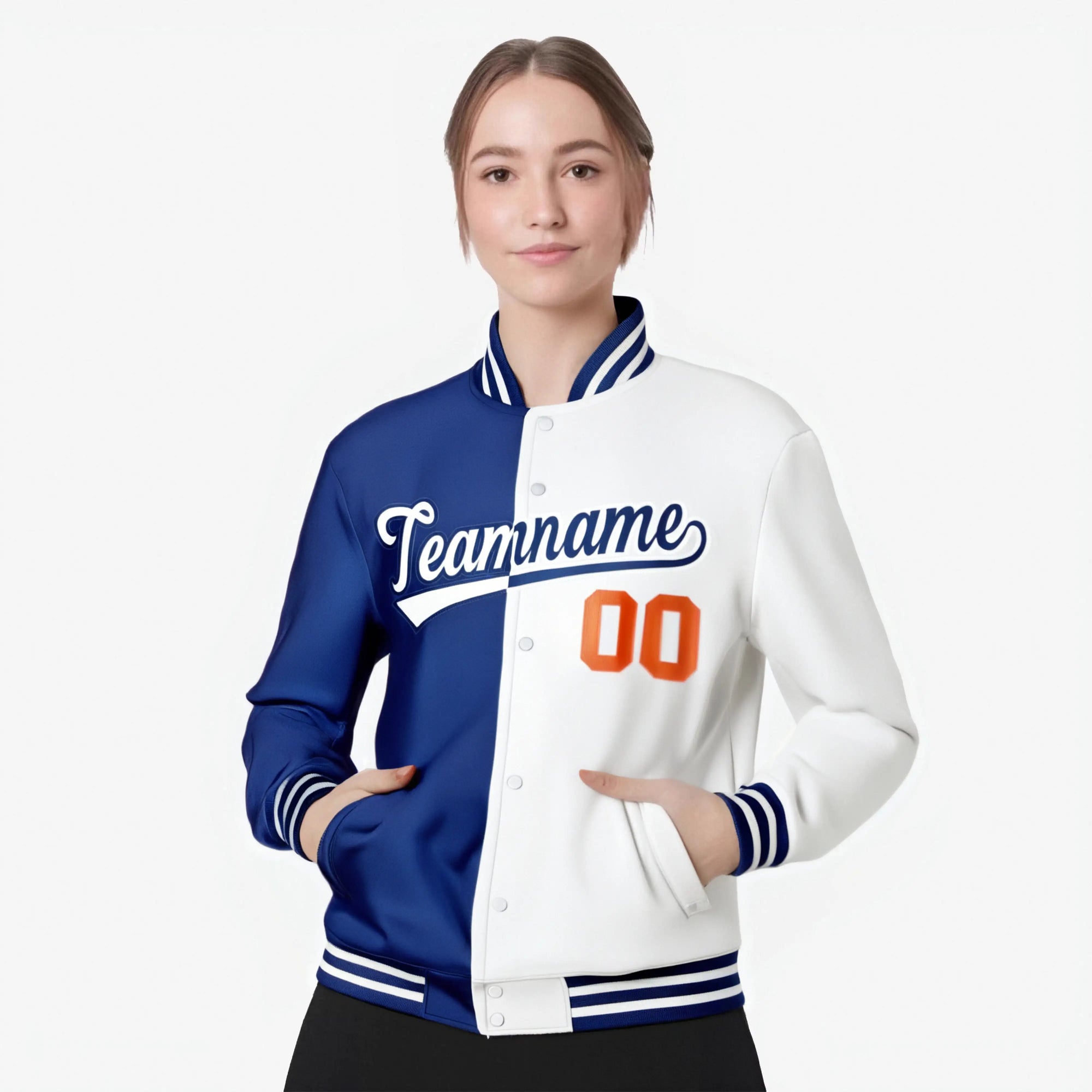 Custom Thunder-Blue Orange White Bomber Full-Snap Varsity Letterman Split Fashion Jacket