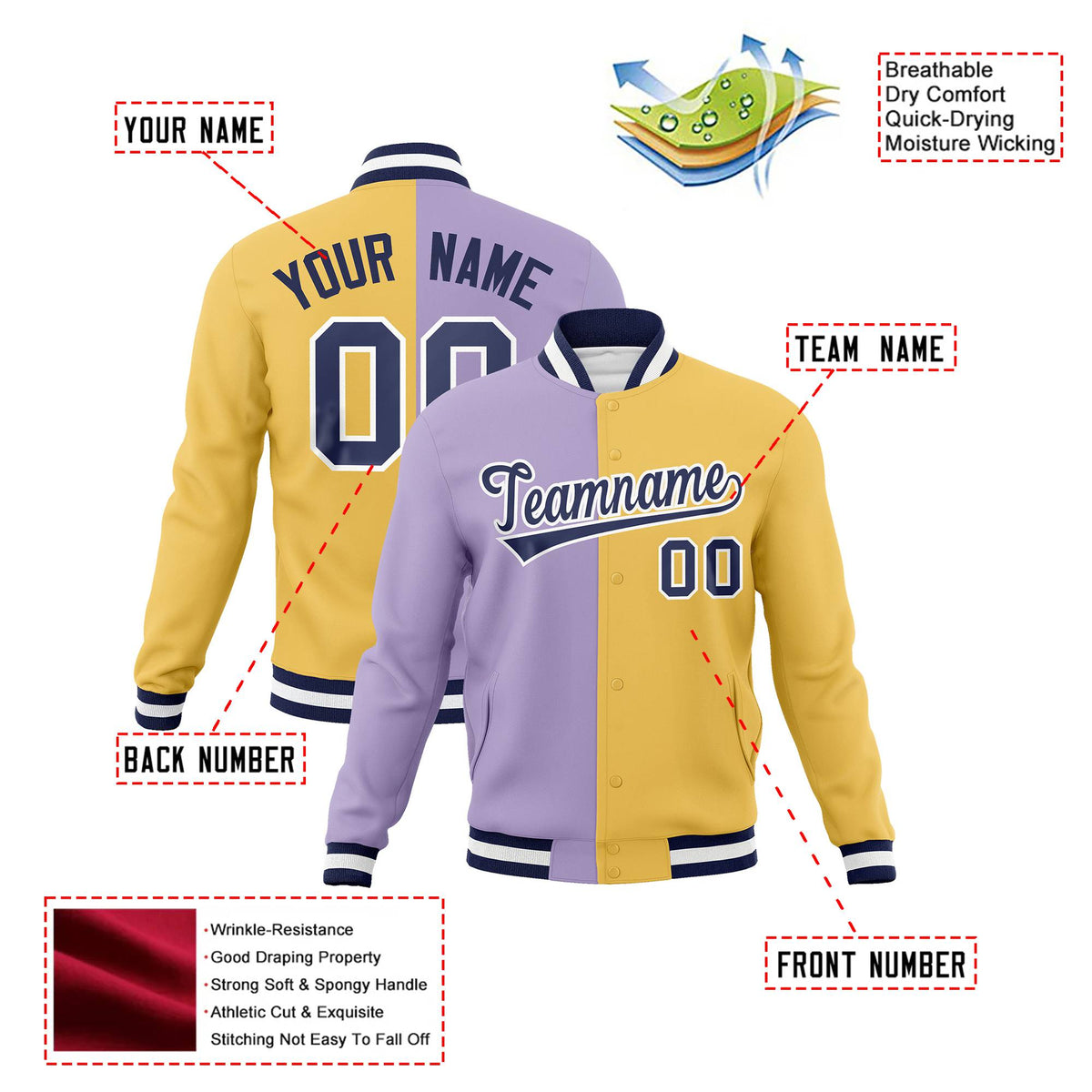 Custom Light-Purple Yellow Bomber Full-Snap Varsity Letterman Split Fashion Jacket