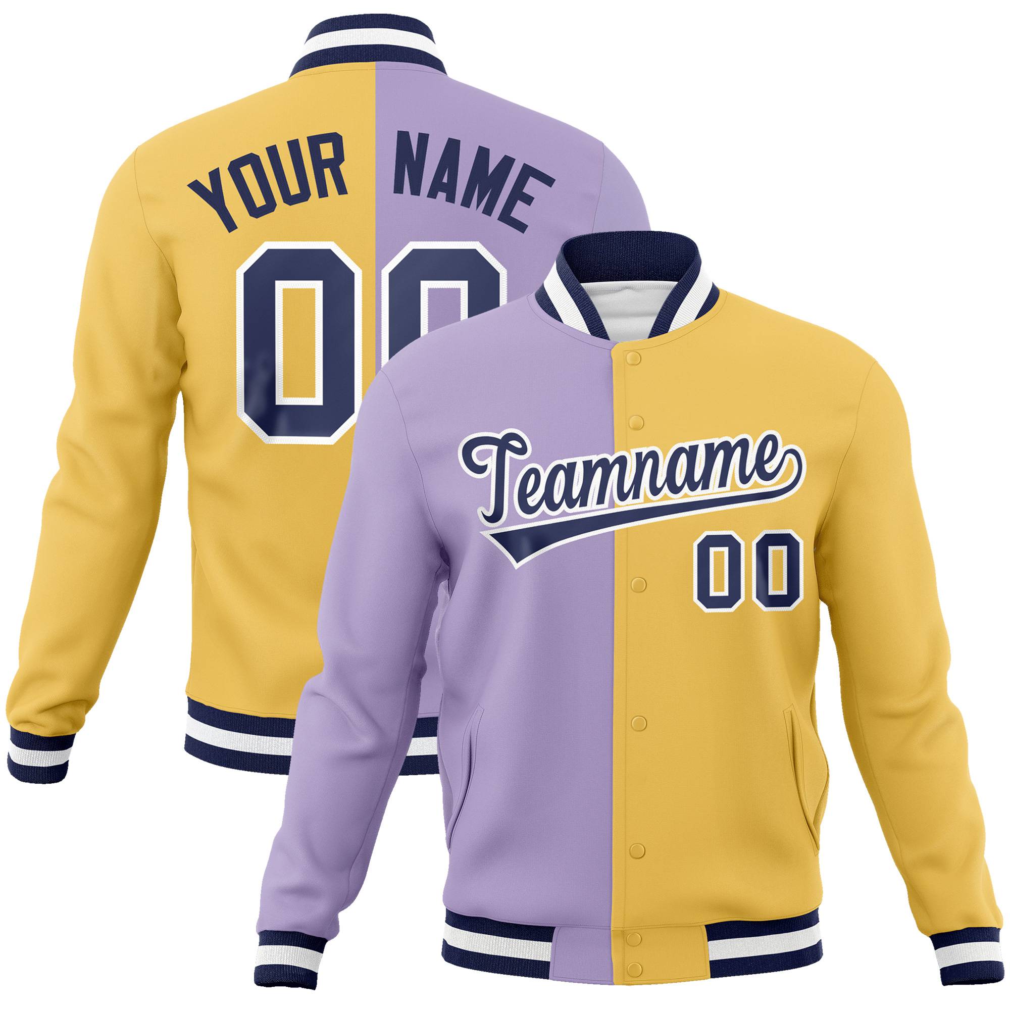 Custom Light-Purple Yellow Bomber Full-Snap Varsity Letterman Split Fashion Jacket