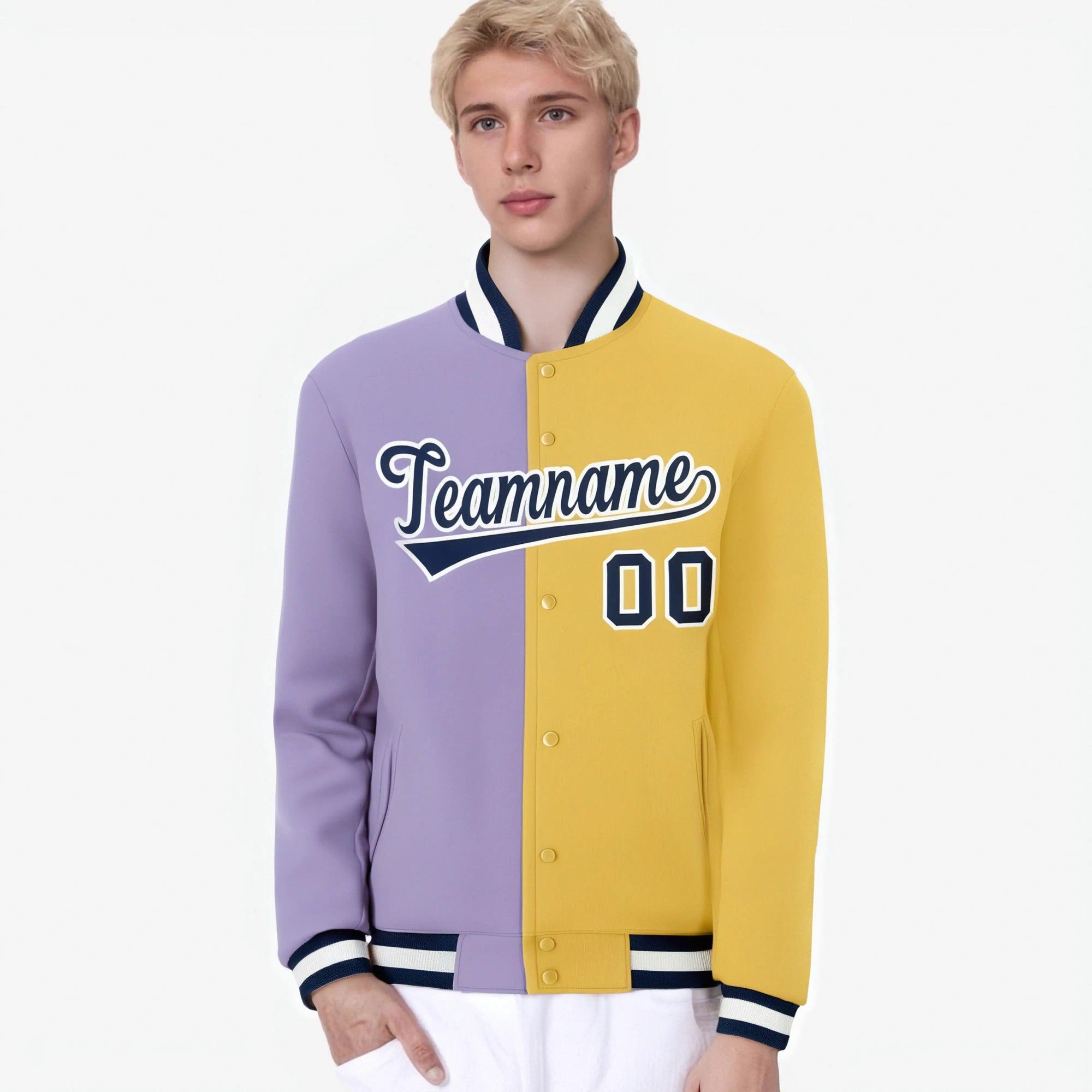 Custom Light-Purple Yellow Bomber Full-Snap Varsity Letterman Split Fashion Jacket