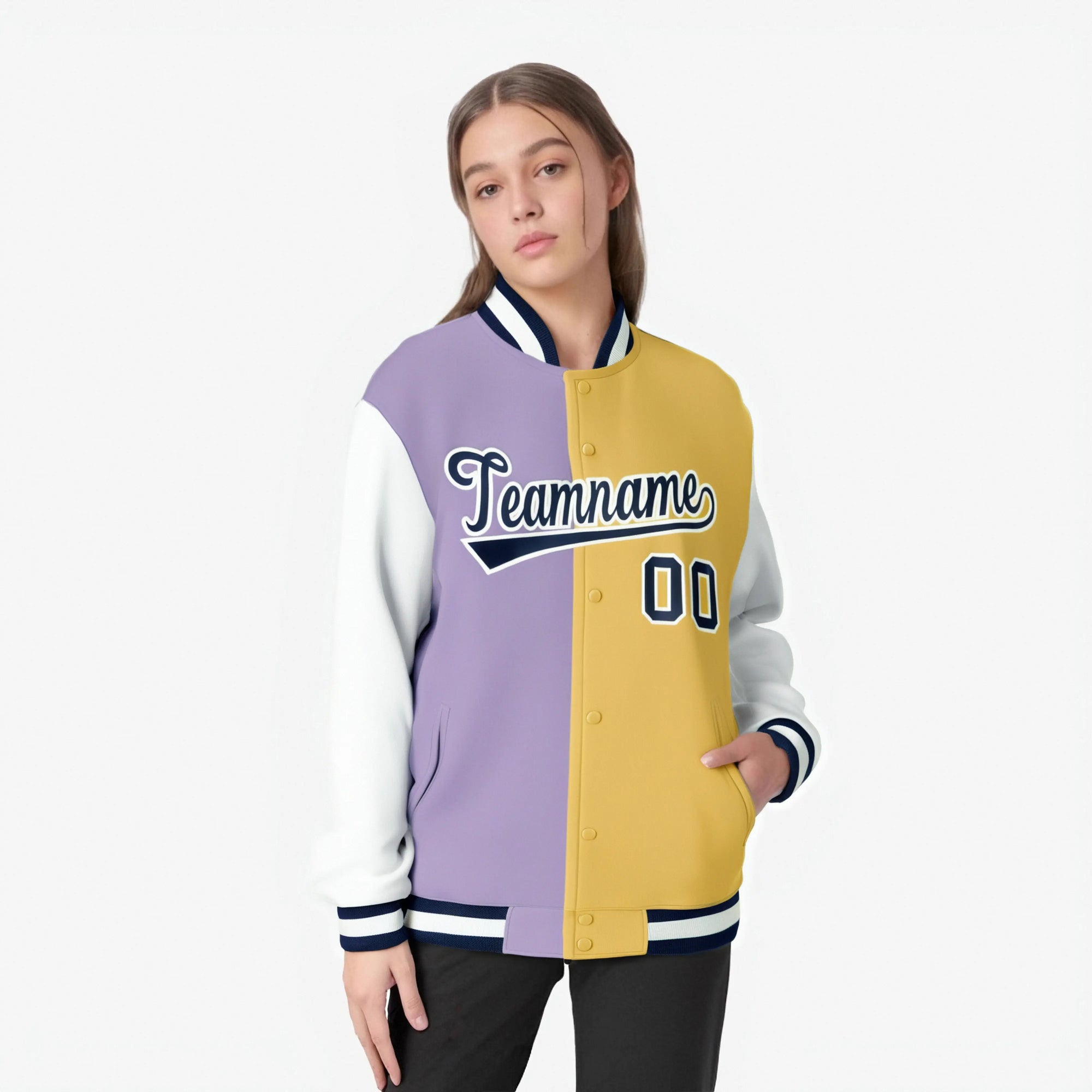 Custom Light-Purple Yellow-Purple Bomber Full-Snap Varsity Letterman Split Fashion Jacket