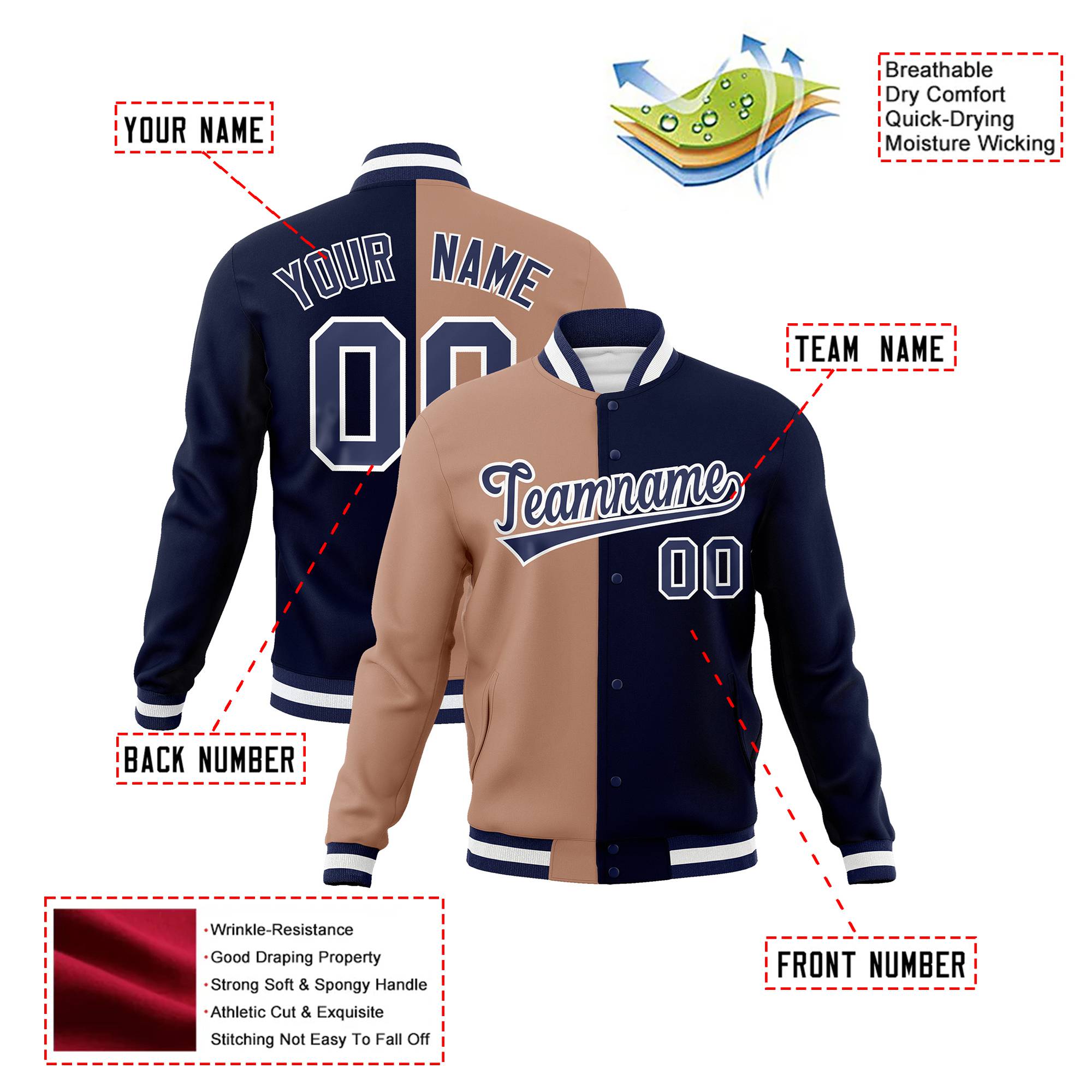 Custom Brown Navy Bomber Full-Snap Varsity Letterman Split Fashion Jacket