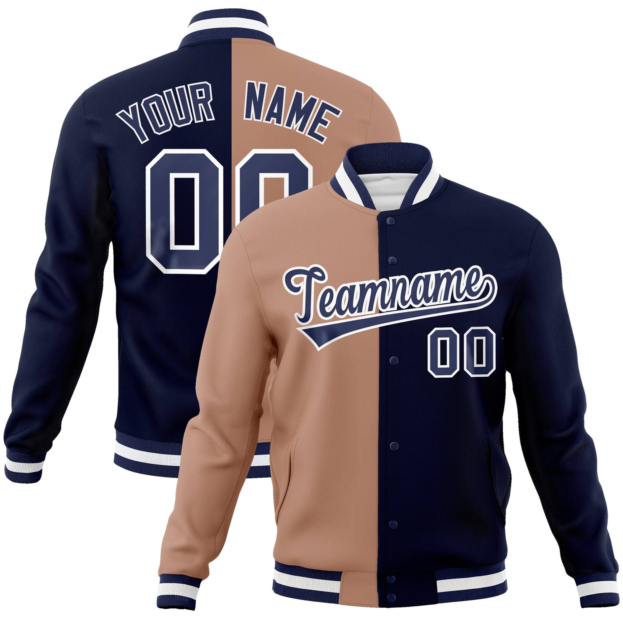 Custom Brown Navy Bomber Full-Snap Varsity Letterman Split Fashion Jacket