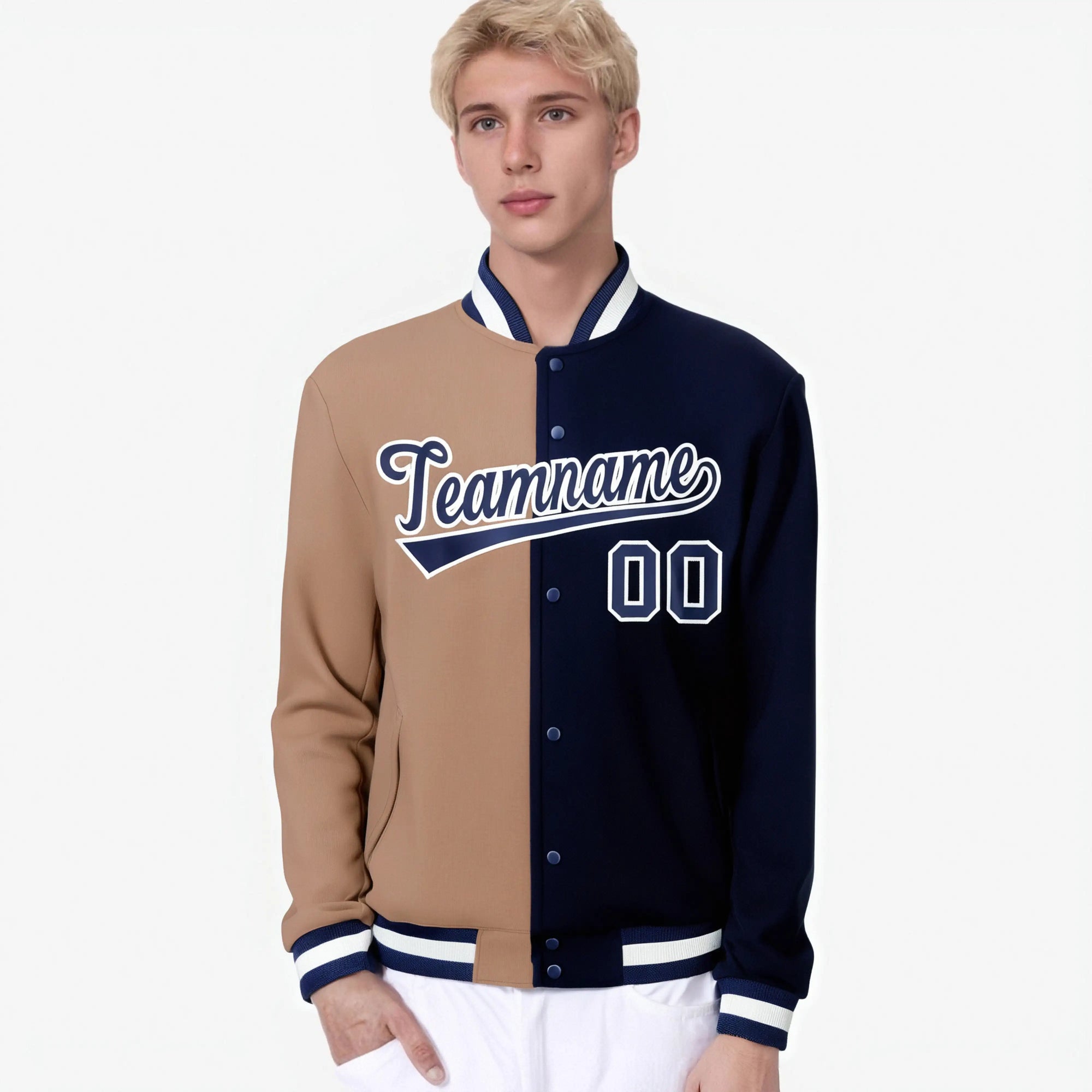 Custom Brown Navy Bomber Full-Snap Varsity Letterman Split Fashion Jacket