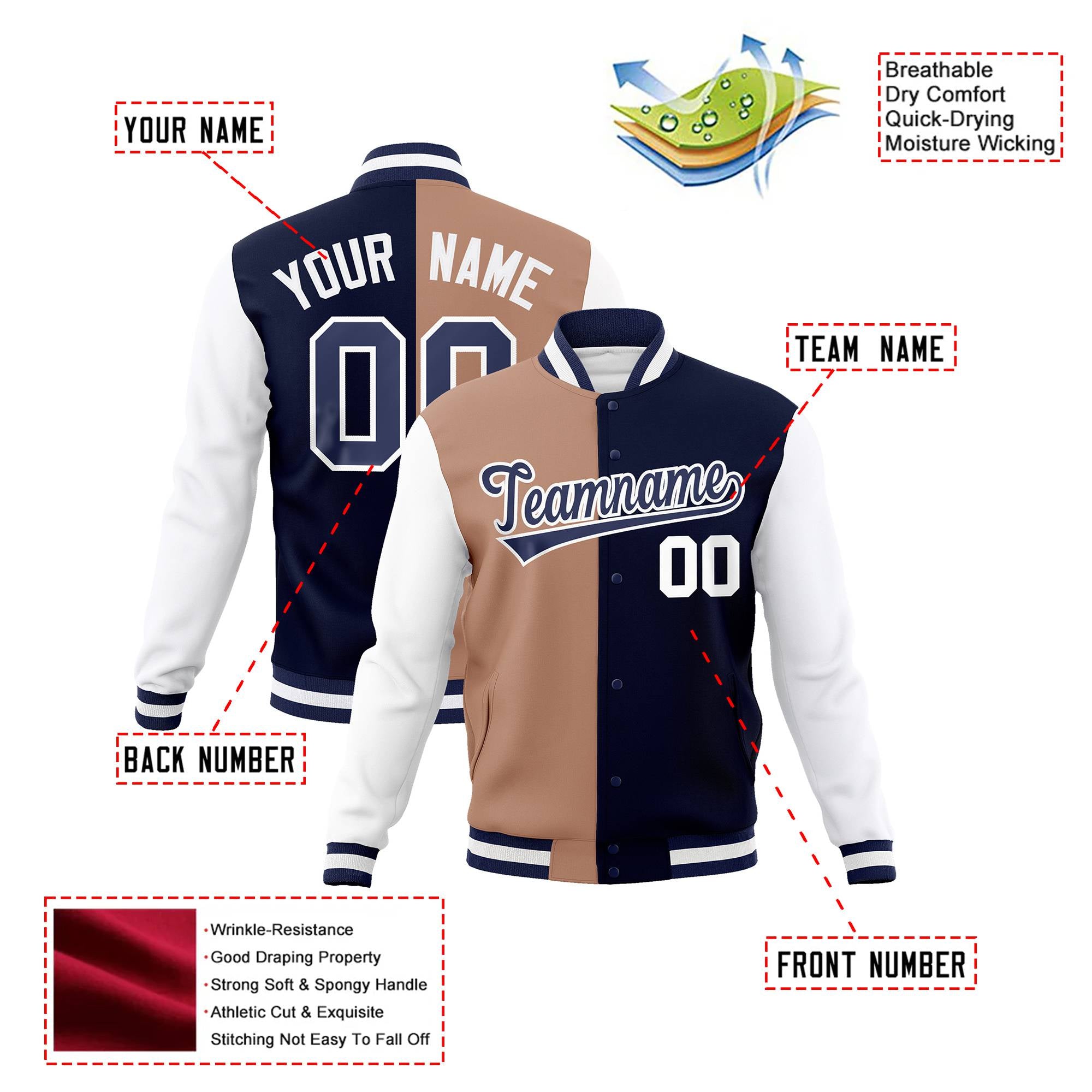 Custom Brown Navy-White Bomber Full-Snap Varsity Letterman Split Fashion Jacket