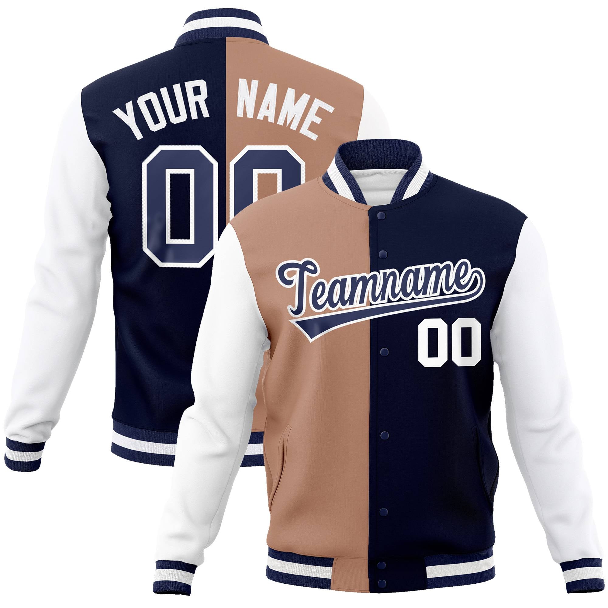 Custom Brown Navy-White Bomber Full-Snap Varsity Letterman Split Fashion Jacket