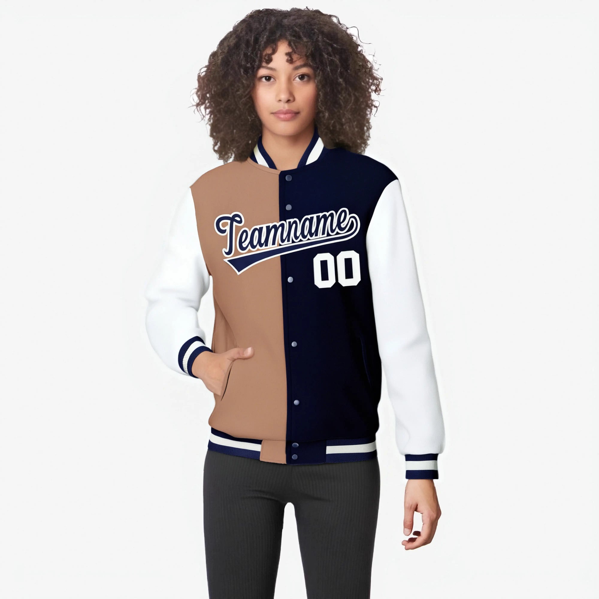 Custom Brown Navy-White Bomber Full-Snap Varsity Letterman Split Fashion Jacket