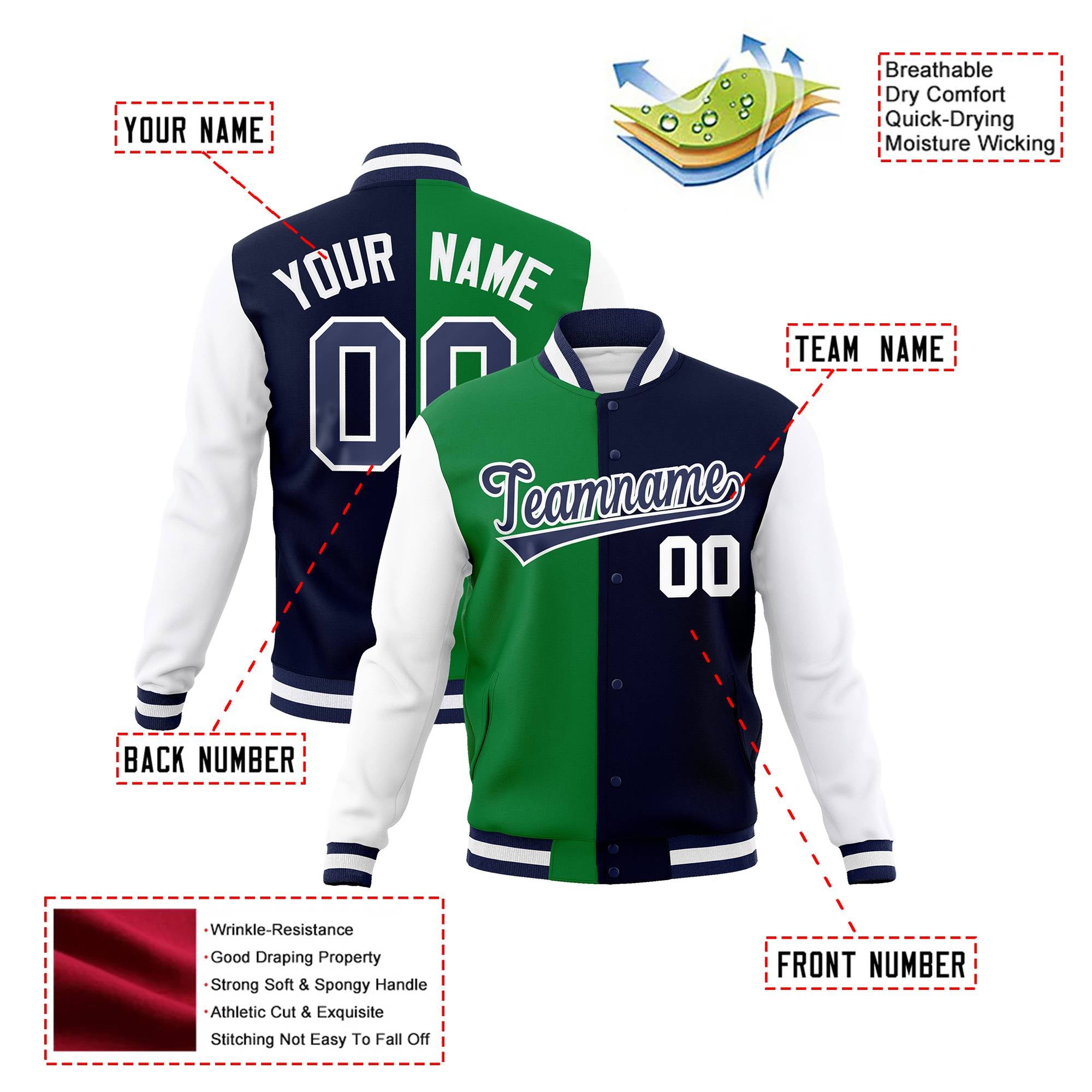 Custom Kelly Green Navy-White Bomber Full-Snap Varsity Letterman Split Fashion Jacket