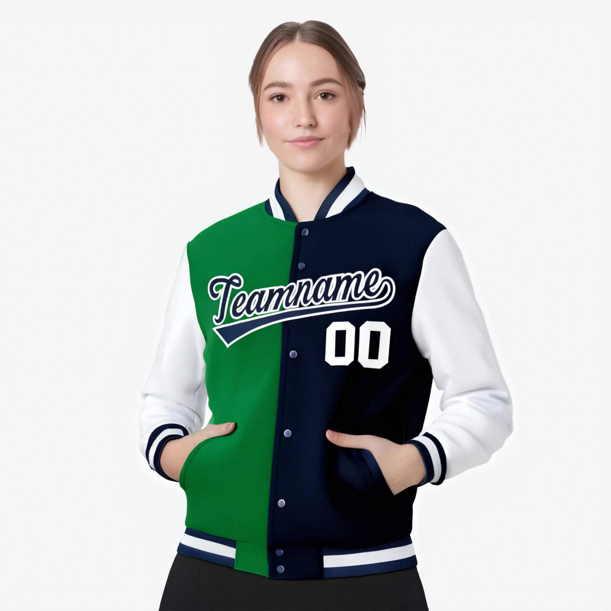 Custom Kelly Green Navy-White Bomber Full-Snap Varsity Letterman Split Fashion Jacket