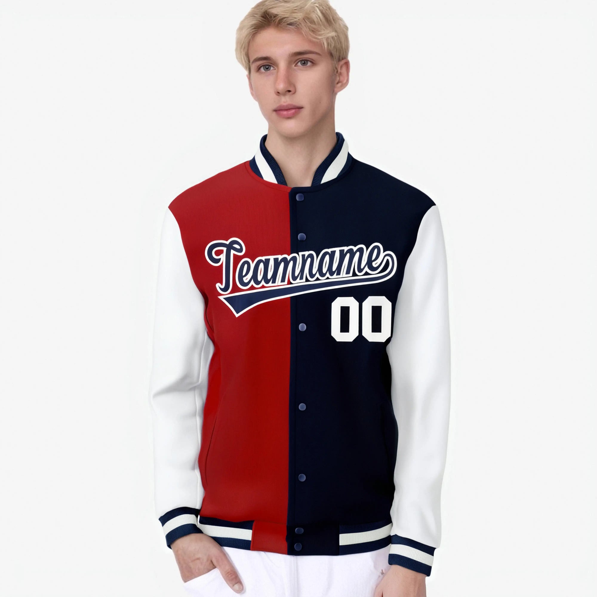 Custom Red Navy-White Bomber Full-Snap Varsity Letterman Split Fashion Jacket