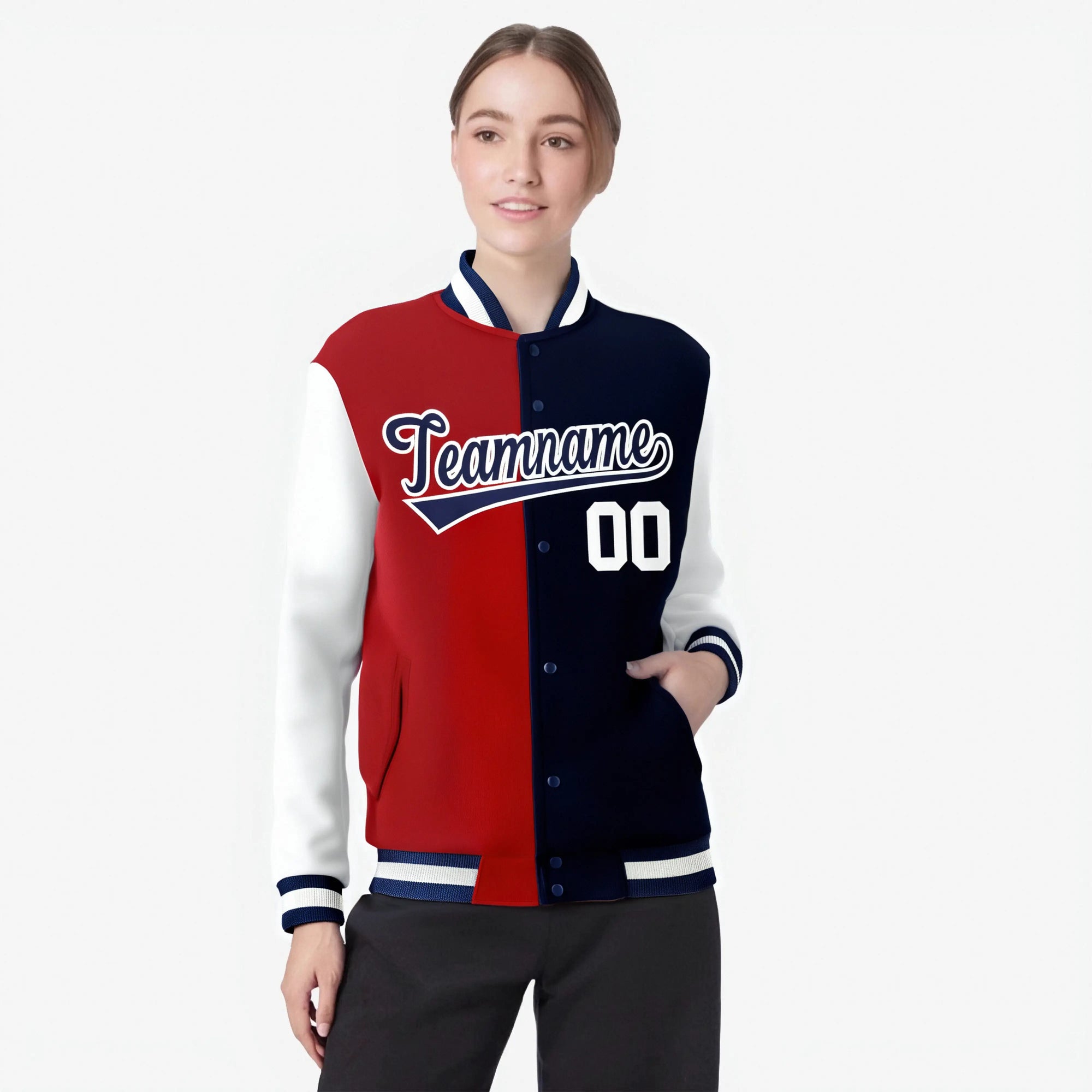 Custom Red Navy-White Bomber Full-Snap Varsity Letterman Split Fashion Jacket