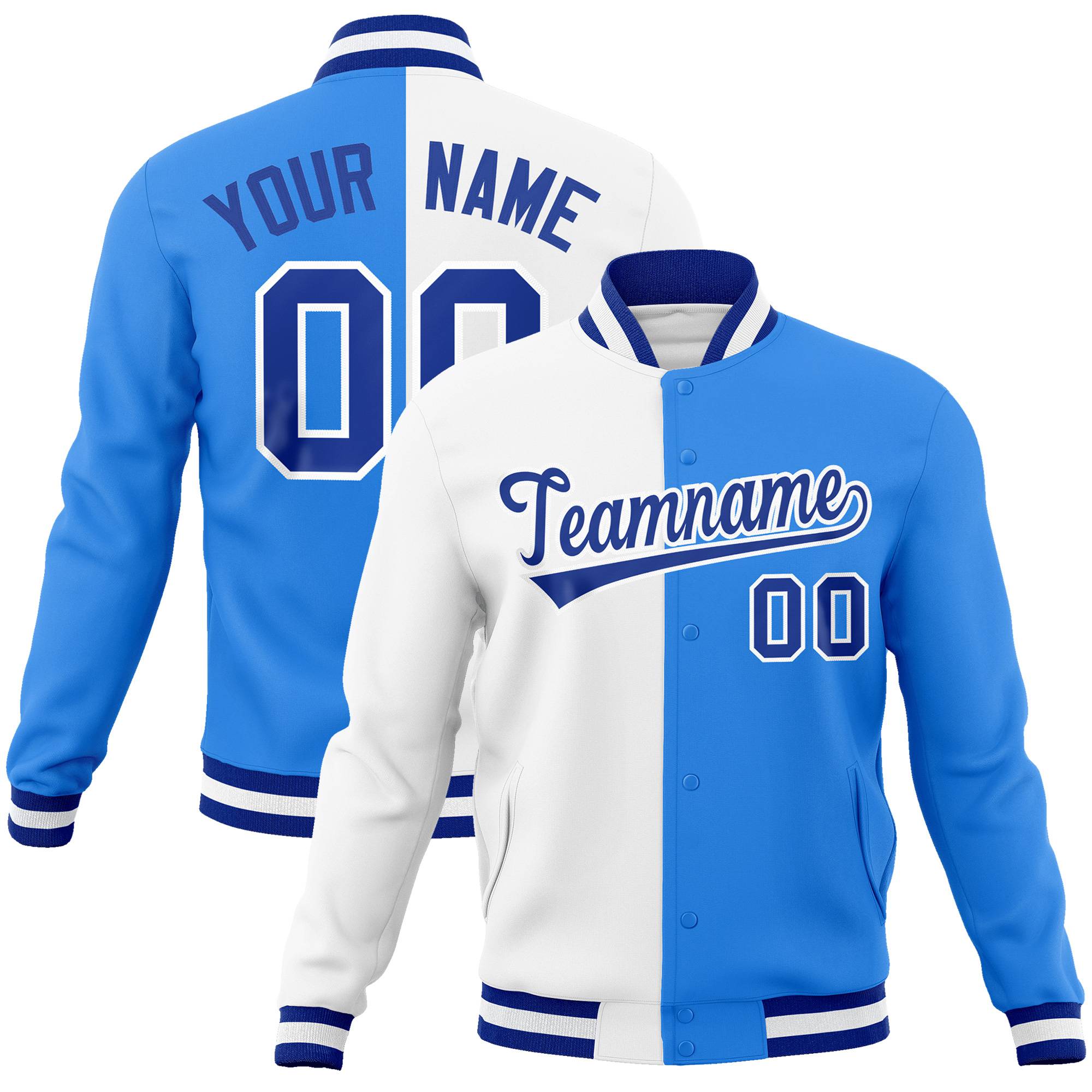 Custom White Sky-Blue Bomber Full-Snap Varsity Letterman Split Fashion Jacket