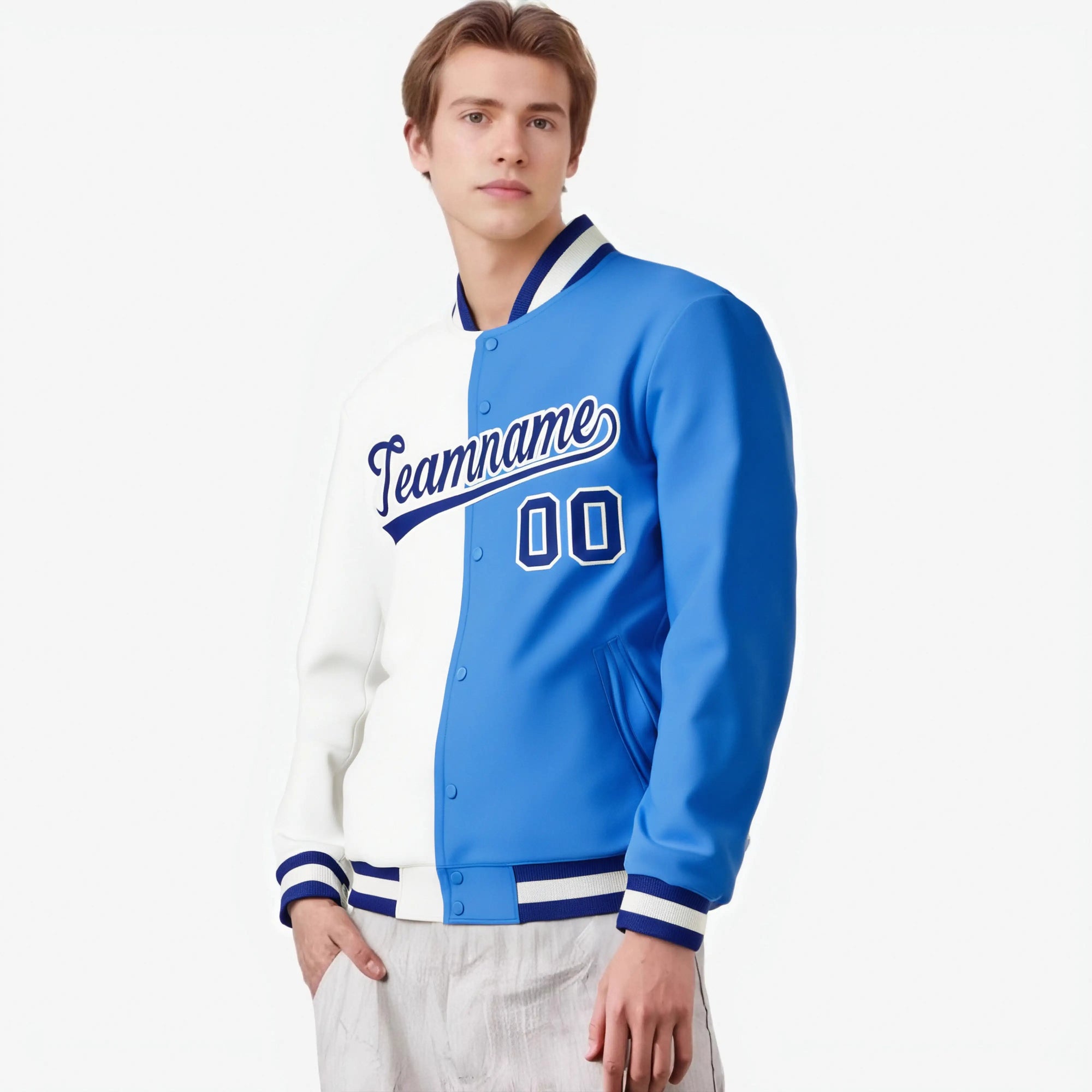 Custom White Sky-Blue Bomber Full-Snap Varsity Letterman Split Fashion Jacket