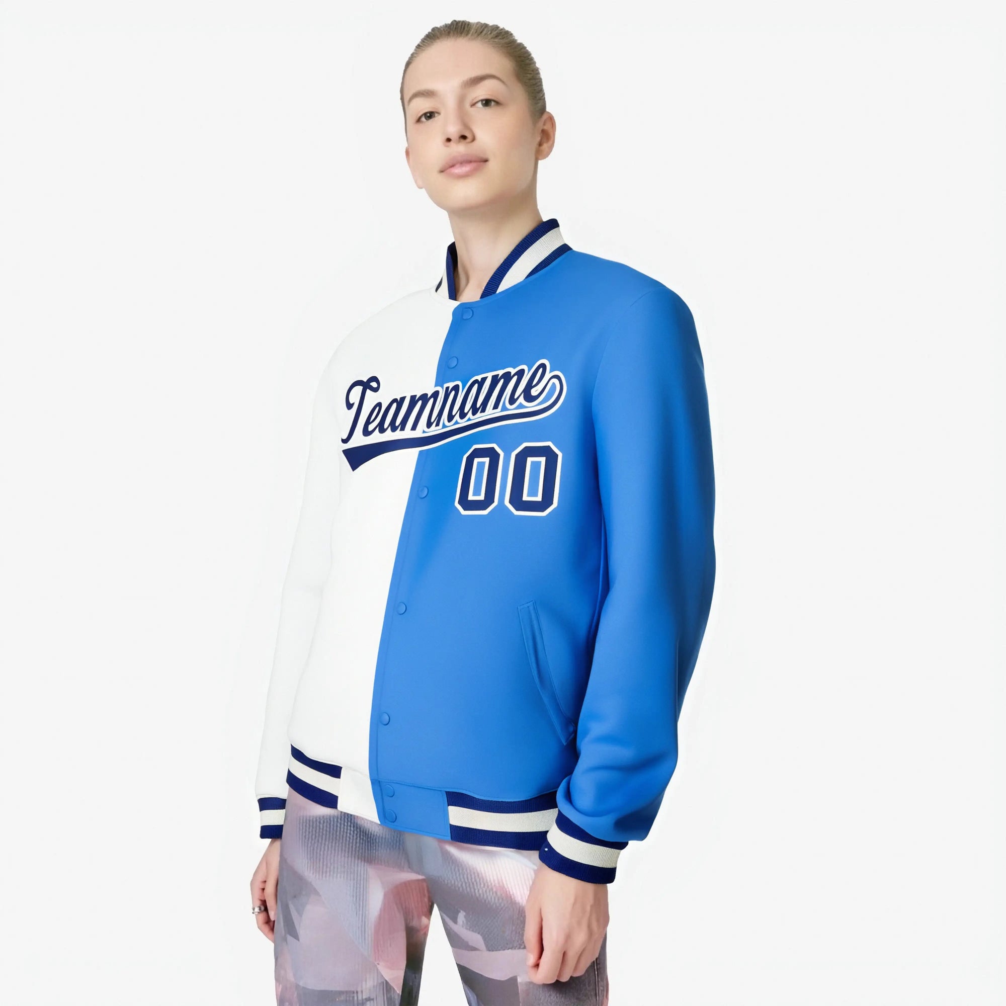 Custom White Sky-Blue Bomber Full-Snap Varsity Letterman Split Fashion Jacket