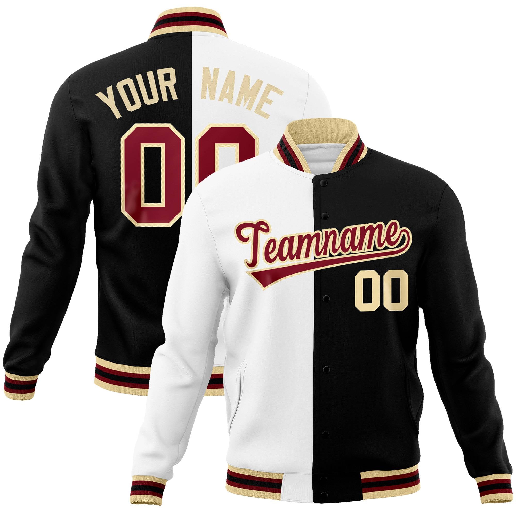 Custom White Black Burgundy Bomber Full-Snap Varsity Letterman Split Fashion Jacket