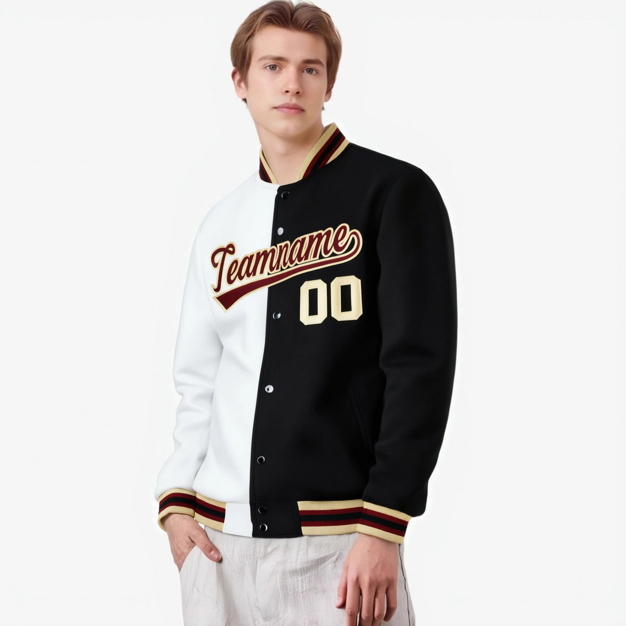 Custom White Black Burgundy Bomber Full-Snap Varsity Letterman Split Fashion Jacket