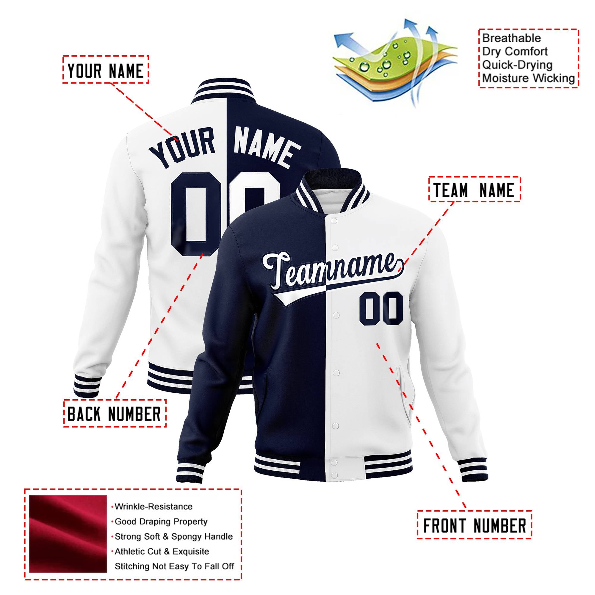 Custom Navy-White Bomber Full-Snap Varsity Letterman Split Fashion Jacket