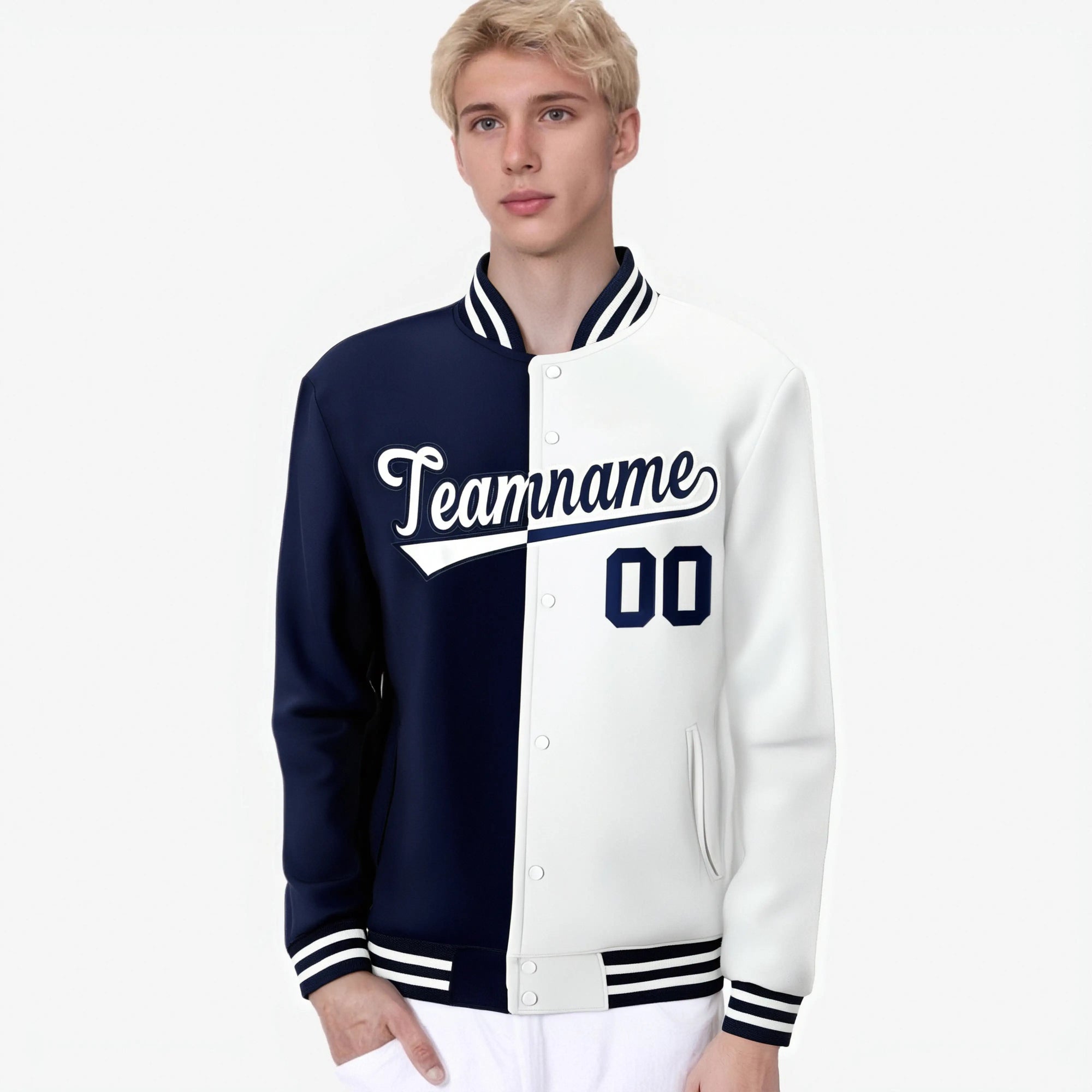 Custom Navy-White Bomber Full-Snap Varsity Letterman Split Fashion Jacket