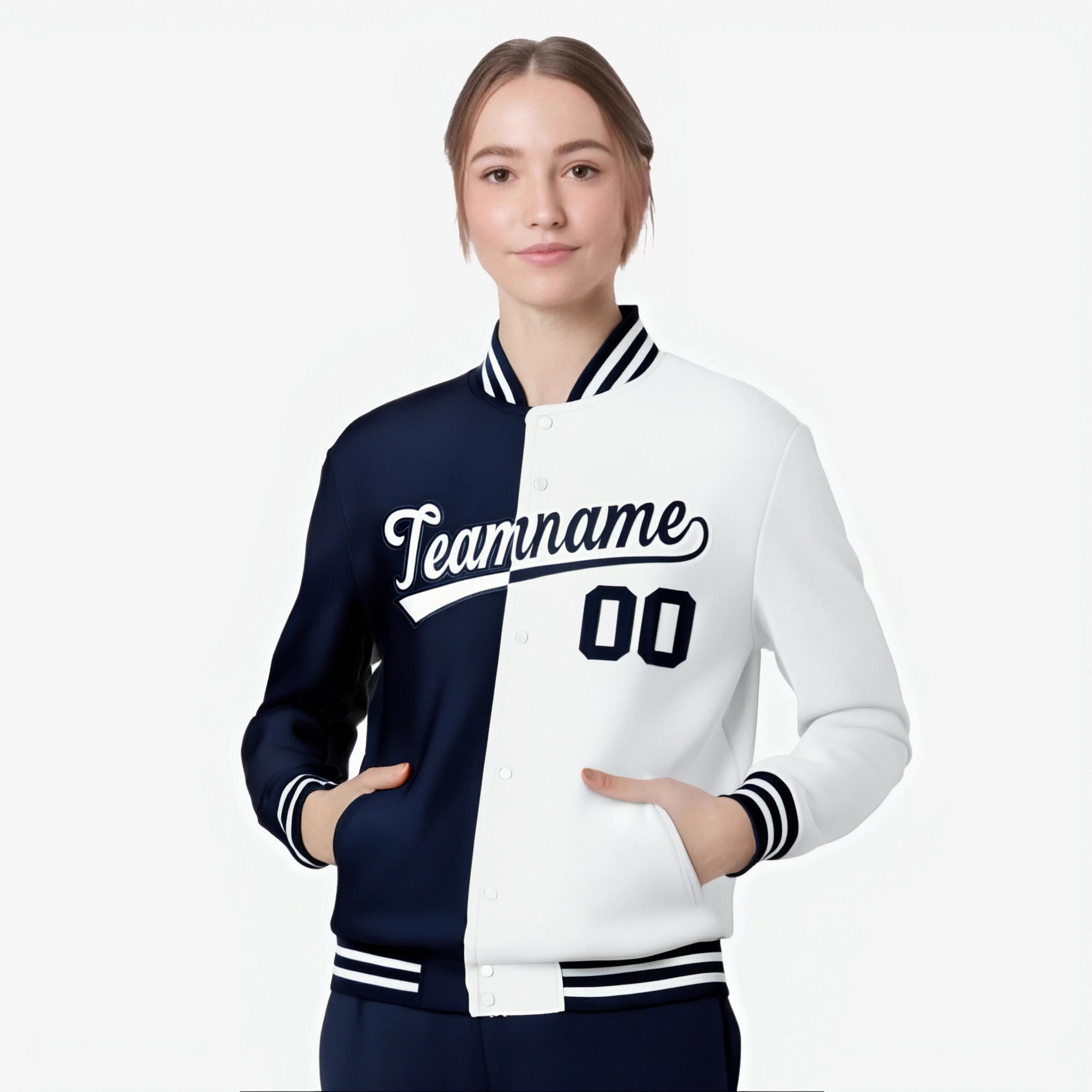 Custom Navy-White Bomber Full-Snap Varsity Letterman Split Fashion Jacket