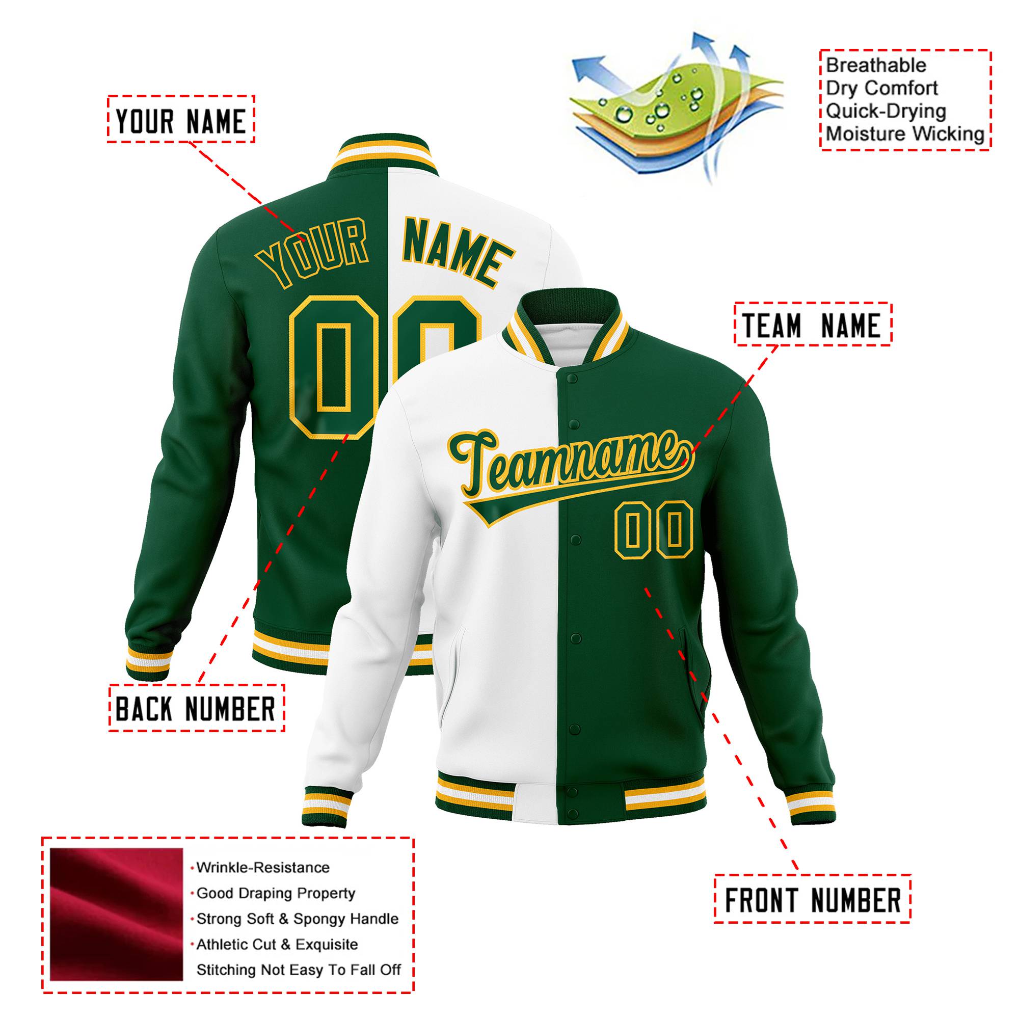 Custom White Gold Kelly-Green Bomber Full-Snap Varsity Letterman Split Fashion Jacket