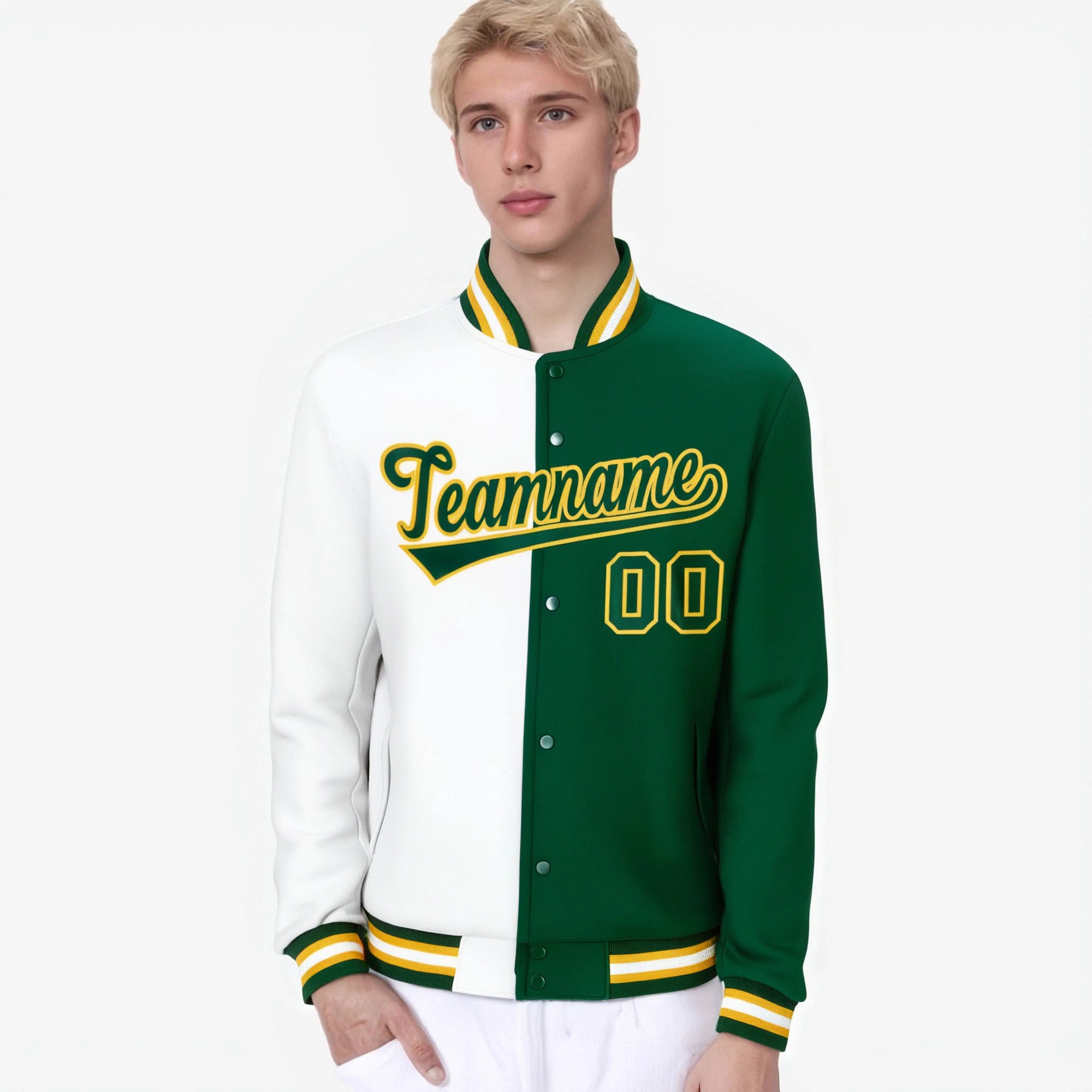 Custom White Gold Kelly-Green Bomber Full-Snap Varsity Letterman Split Fashion Jacket