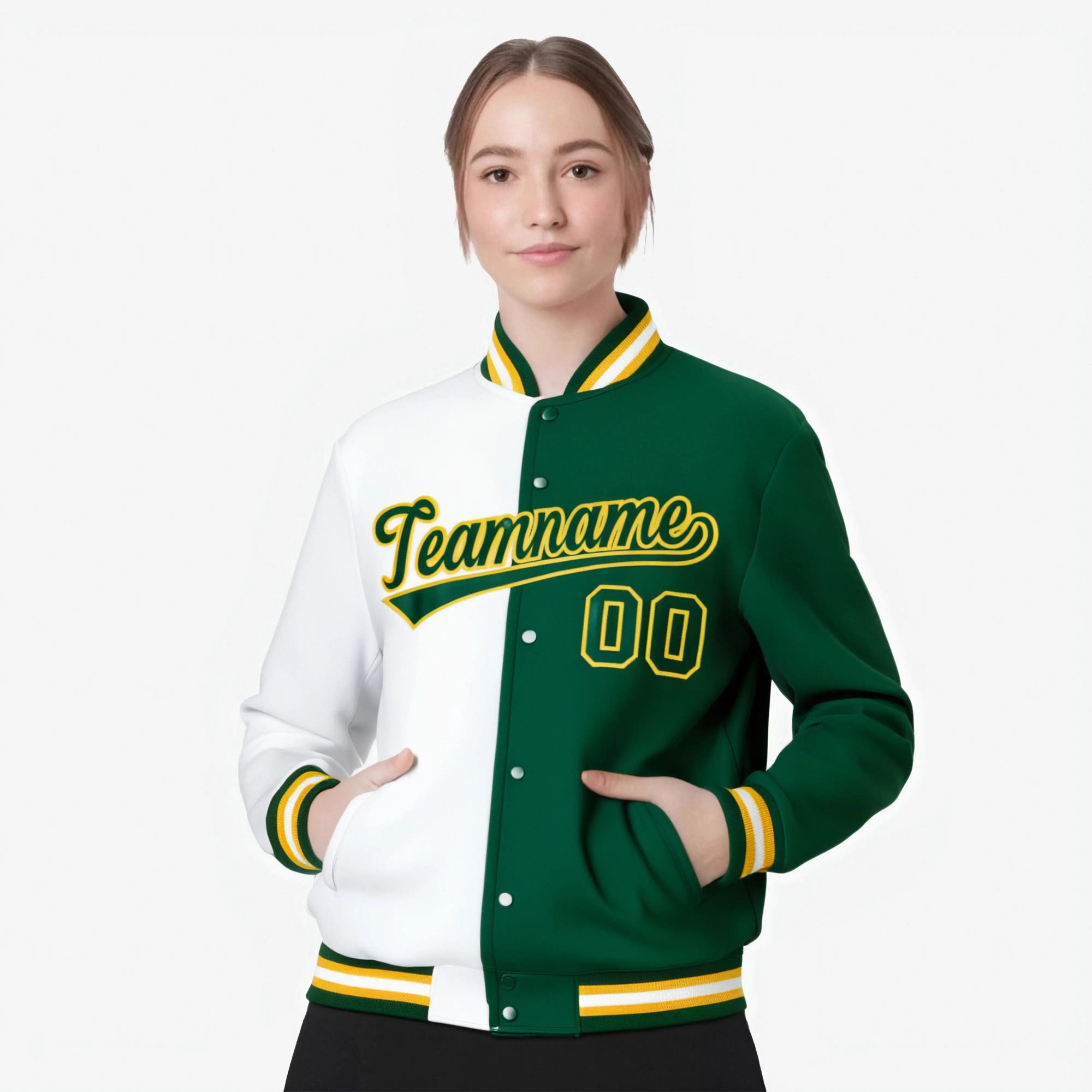 Custom White Gold Kelly-Green Bomber Full-Snap Varsity Letterman Split Fashion Jacket