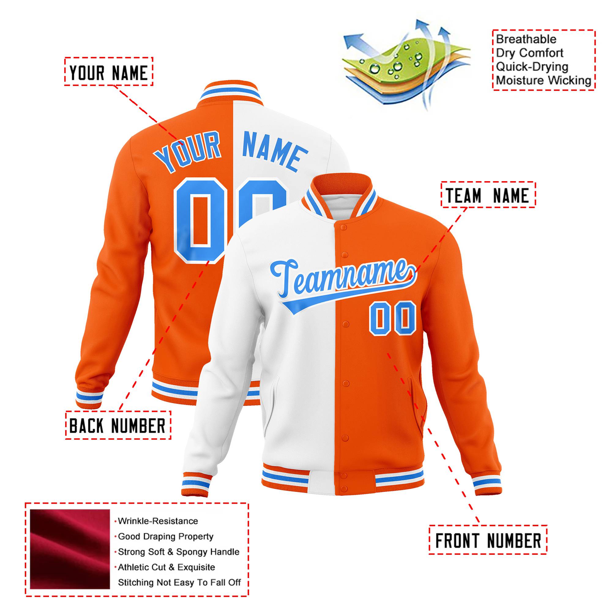 Custom White Light-Blue Orange Bomber Full-Snap Varsity Letterman Split Fashion Jacket